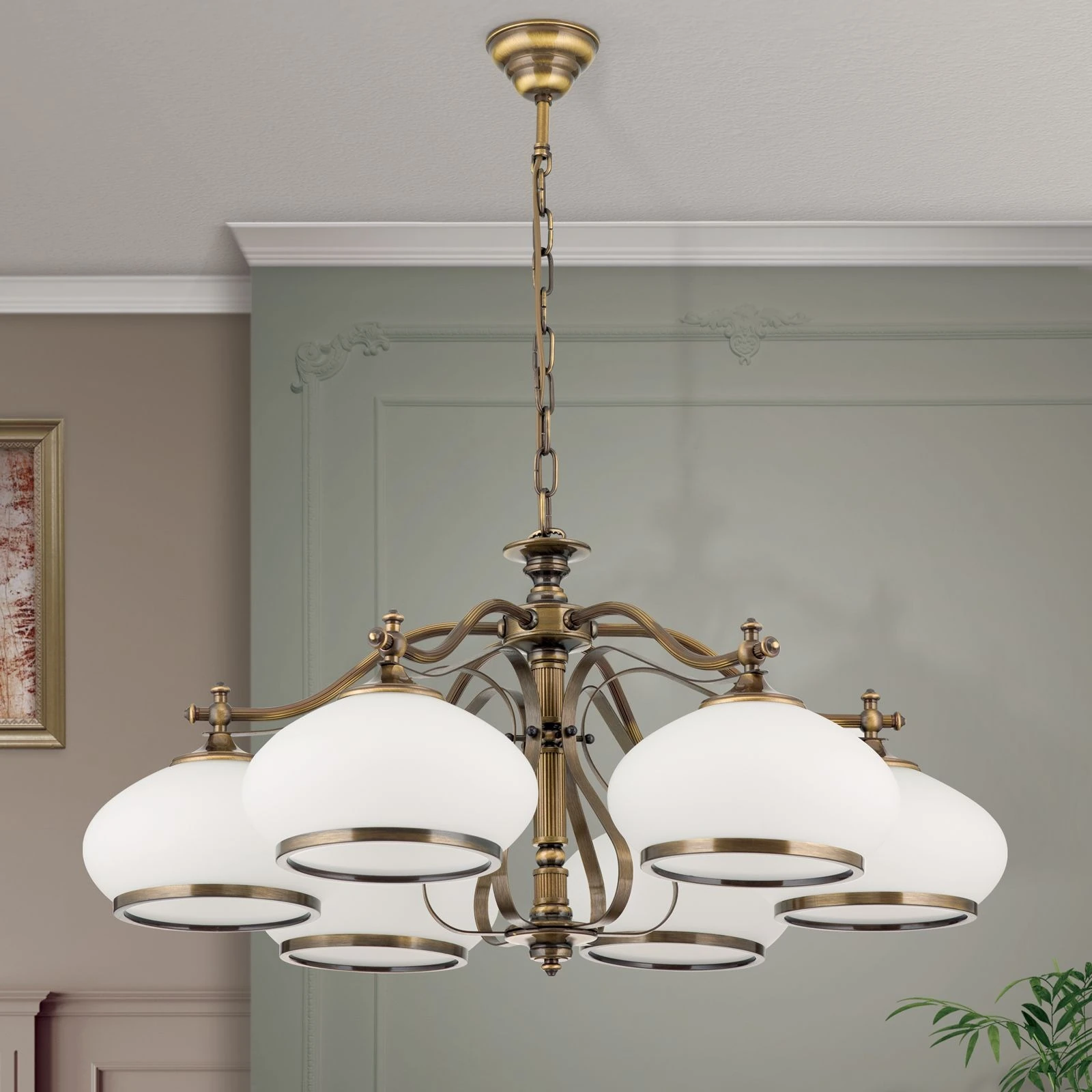 Luster EMPIRE, 6 svetla, antik mesing, opalno staklo (patina) - 3