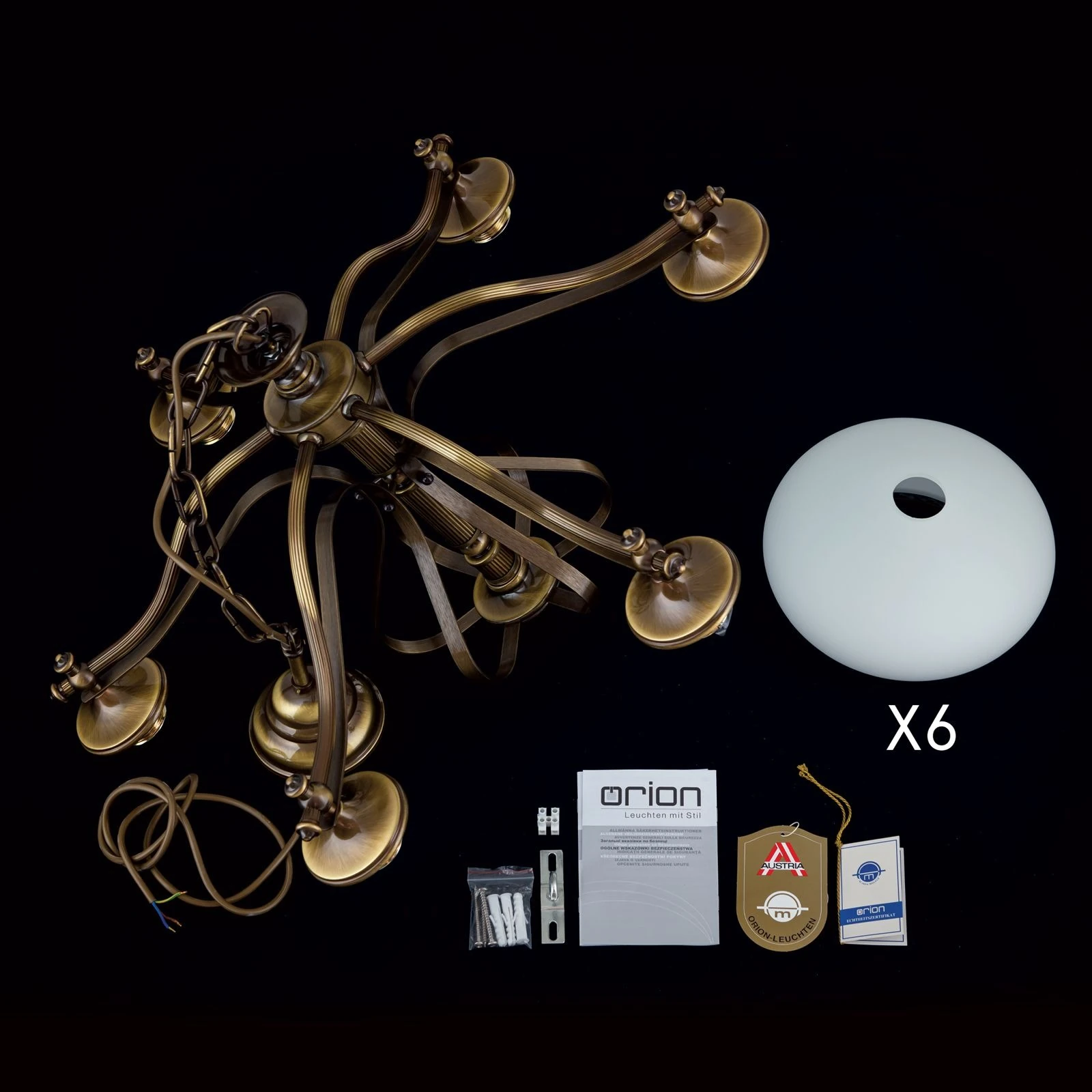 Luster EMPIRE, 6 svetla, antik mesing, opalno staklo (patina) - 8