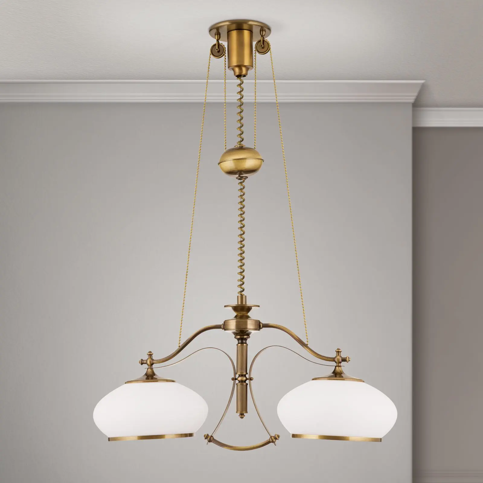 Luster EMPIRE, antik mesing završna obrada, sa 2 opalna stakla i sistemom sa tegom - 2