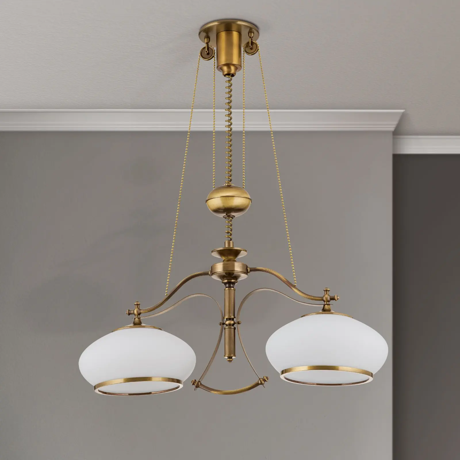 Luster EMPIRE, antik mesing završna obrada, sa 2 opalna stakla i sistemom sa tegom - 3