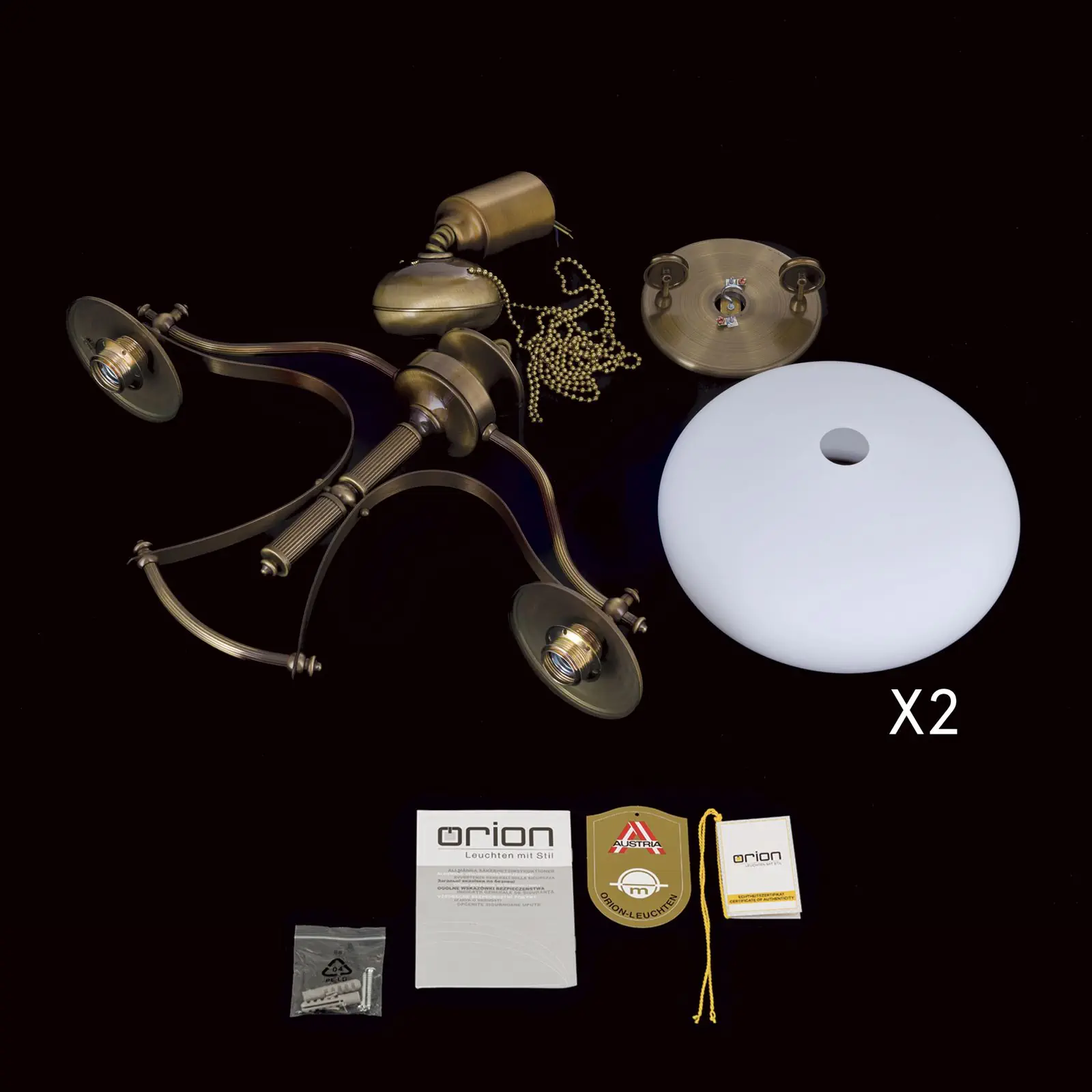 Luster EMPIRE, antik mesing završna obrada, sa 2 opalna stakla i sistemom sa tegom - 8