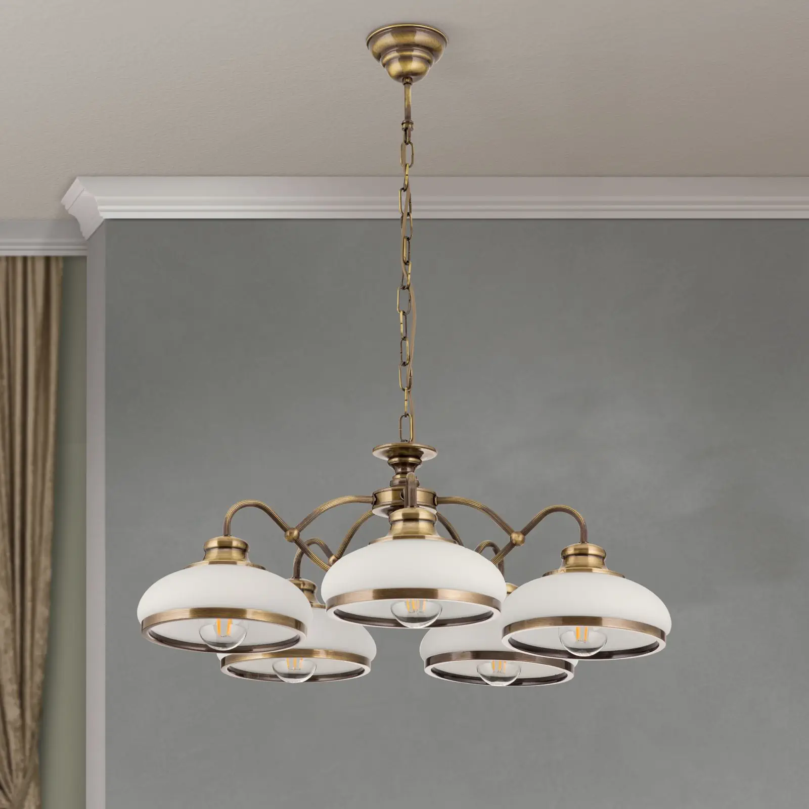 Luster LANDHAUS, 5 izvora svetla, antik mesing sa belim opalnim staklima - 3