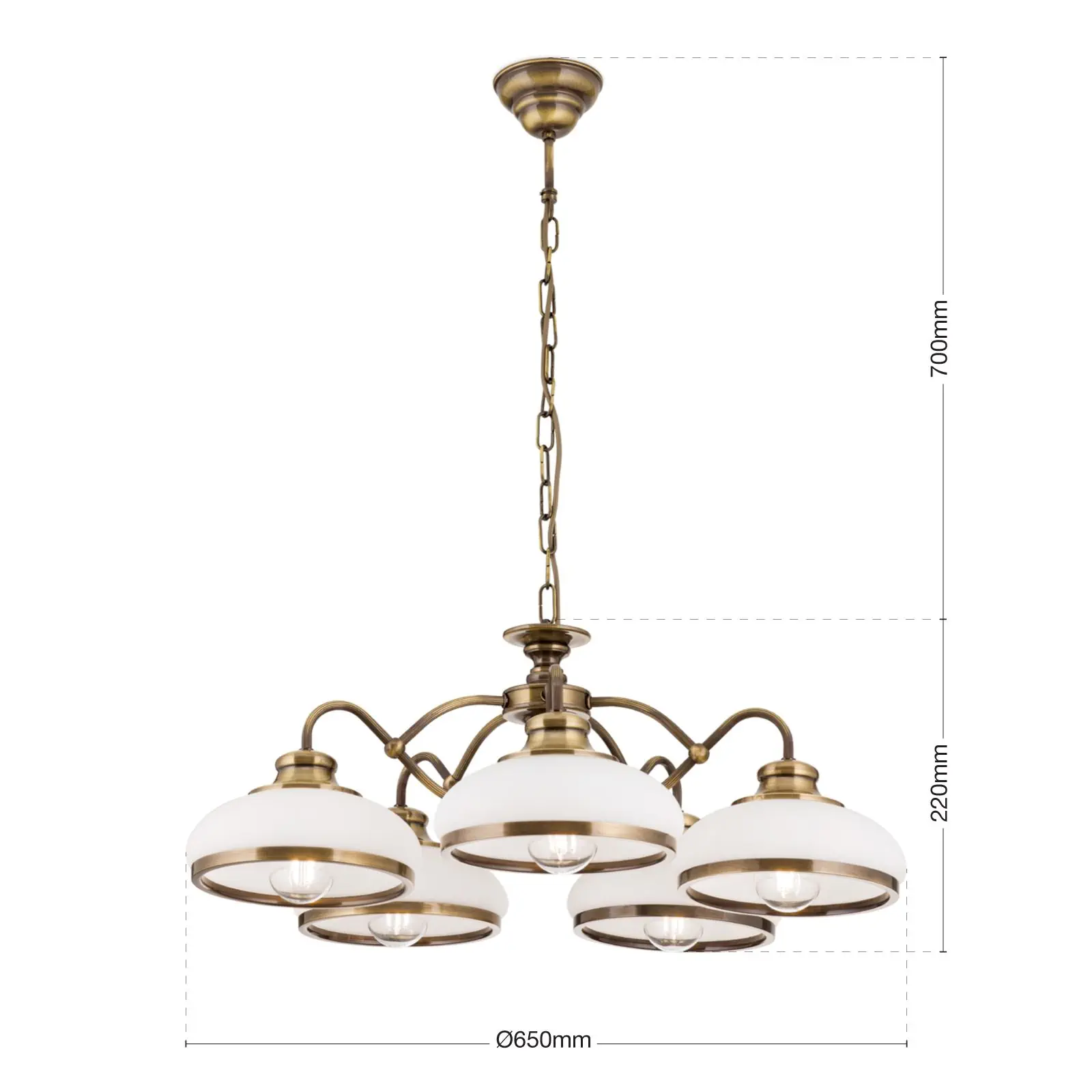 Luster LANDHAUS, 5 izvora svetla, antik mesing sa belim opalnim staklima - 7