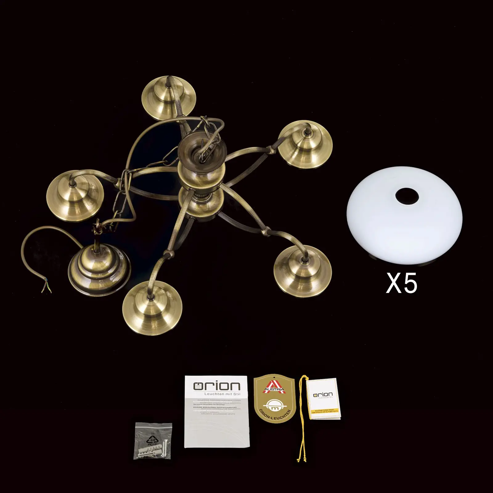 Luster LANDHAUS, 5 izvora svetla, antik mesing sa belim opalnim staklima - 8