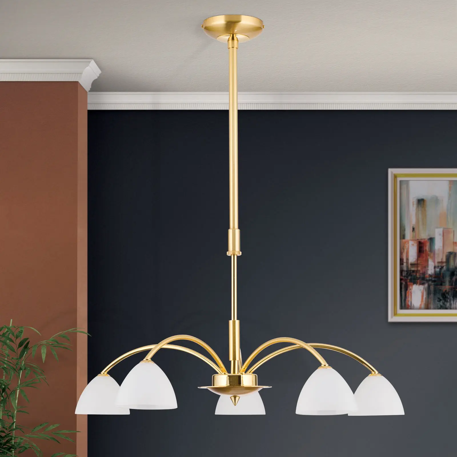 Luster OPALDESIGN, 5 izvora svetla, mat zlatna, sa opalnim staklom - 3