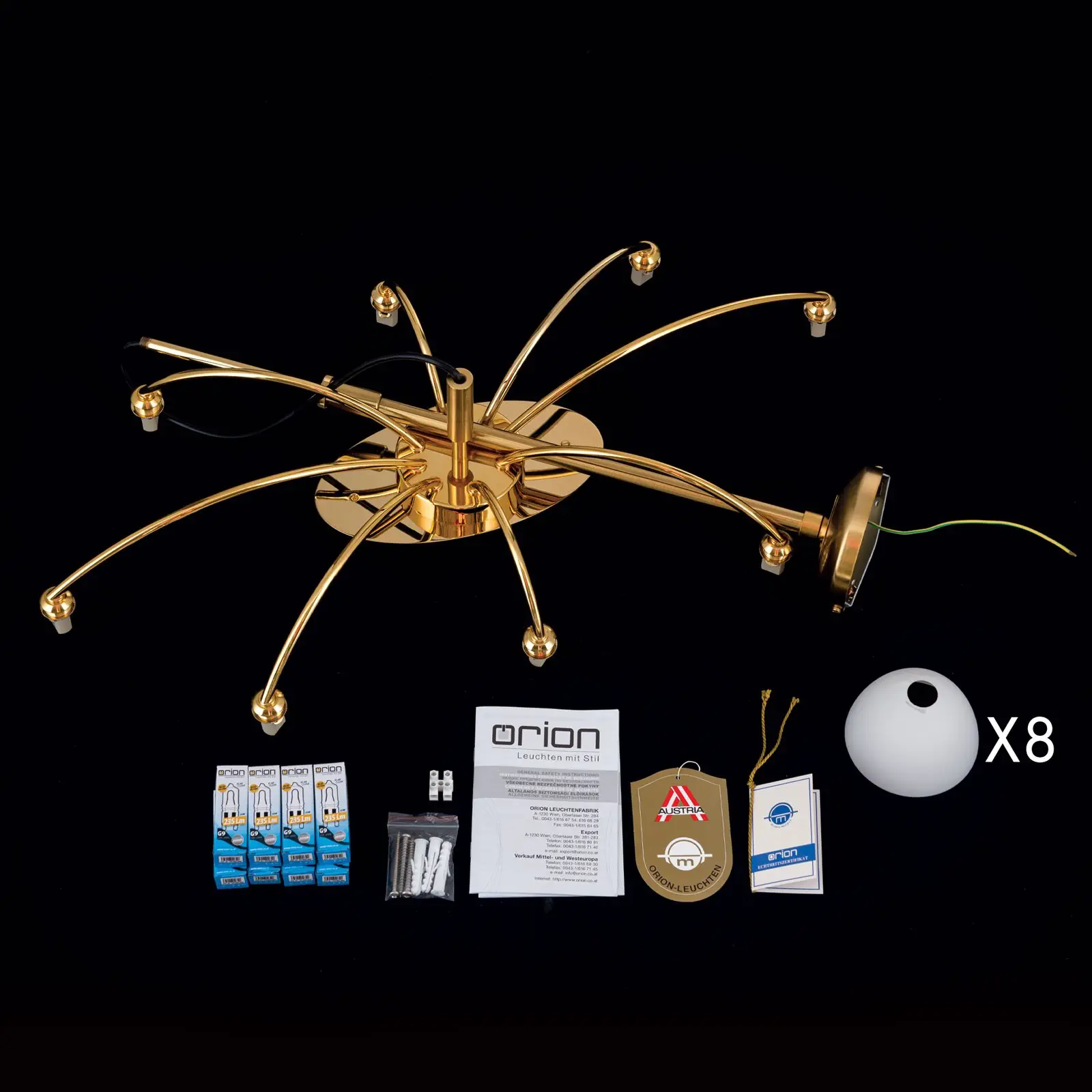 Luster OPALDESIGN, 8 izvora svetla, mat zlatna, sa opalnim staklom - 8