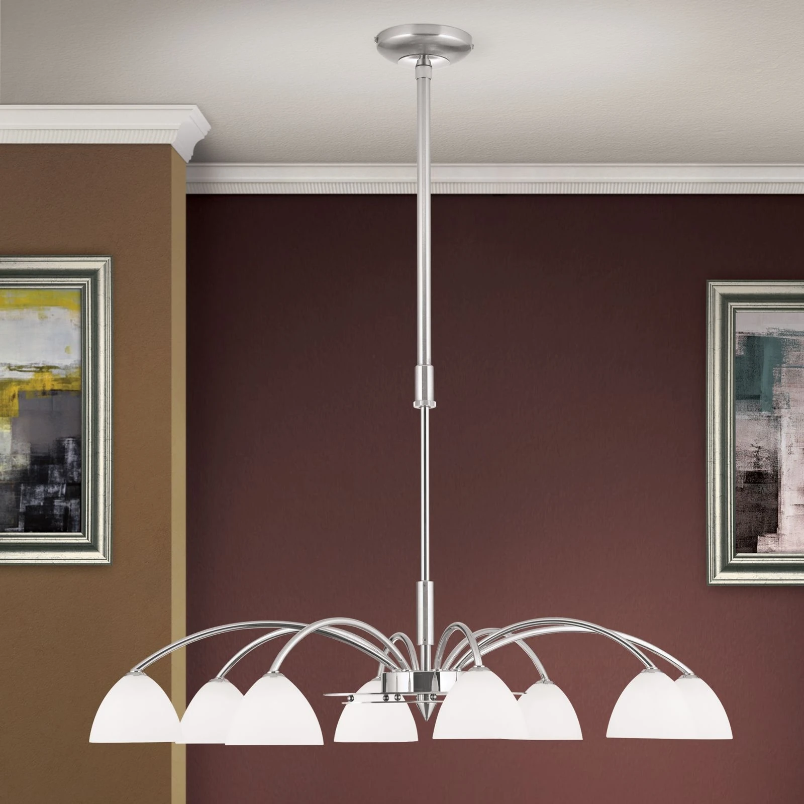 Luster OPALDESIGN, 8 izvora svetla, saten hrom, opalno staklo