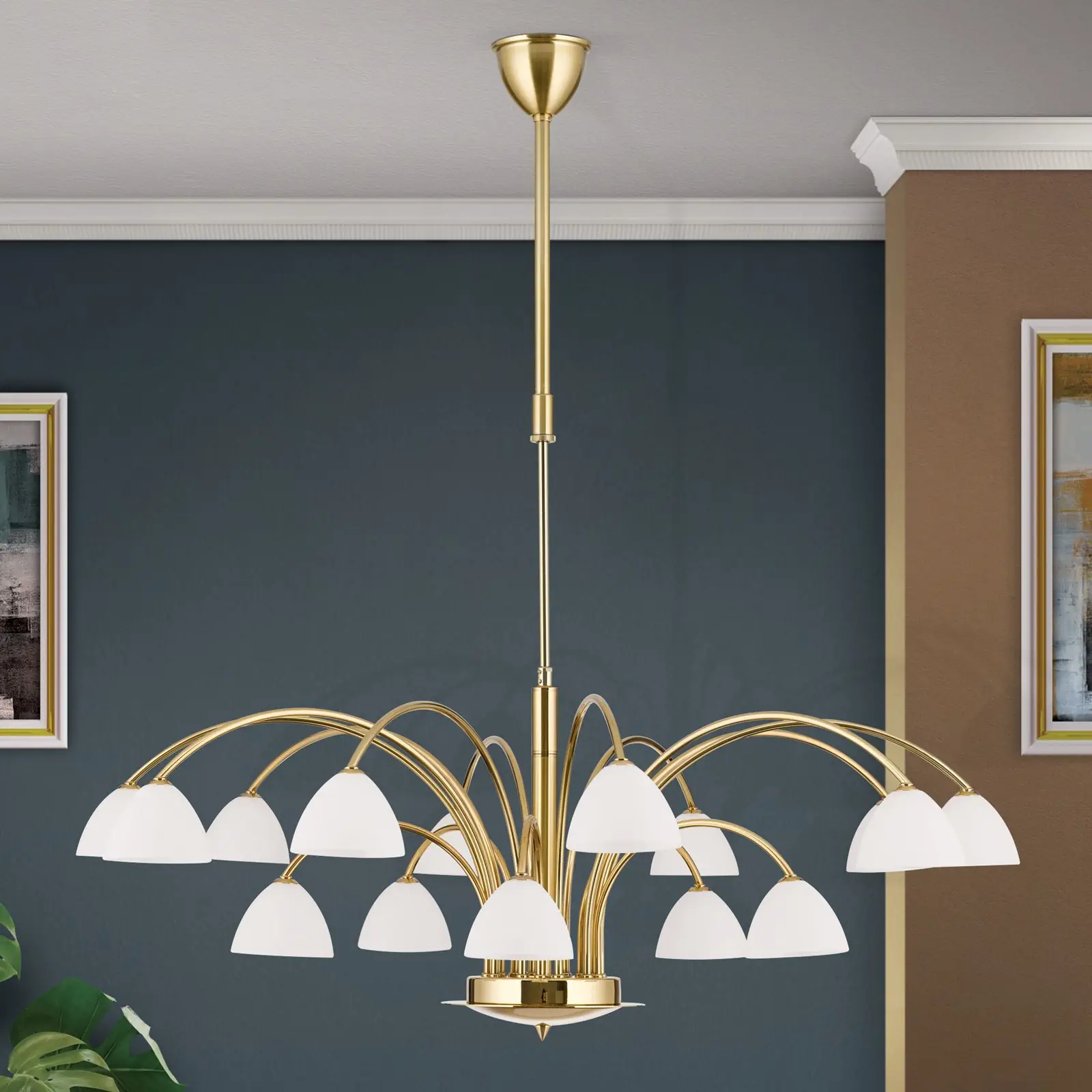 Luster OPALDESIGN, 15 izvora svetla, mat zlatna, sa opalnim staklom - 3