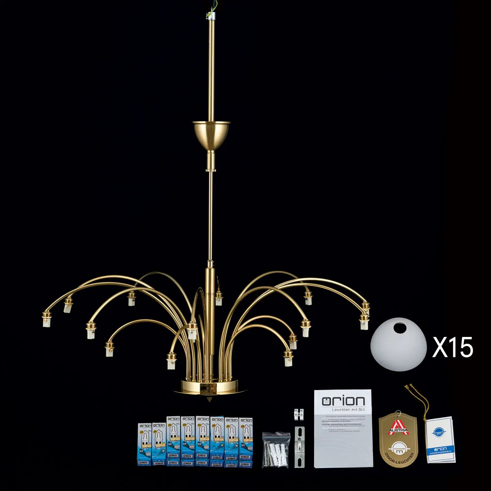 Luster OPALDESIGN, 15 izvora svetla, mat zlatna, sa opalnim staklom - 8