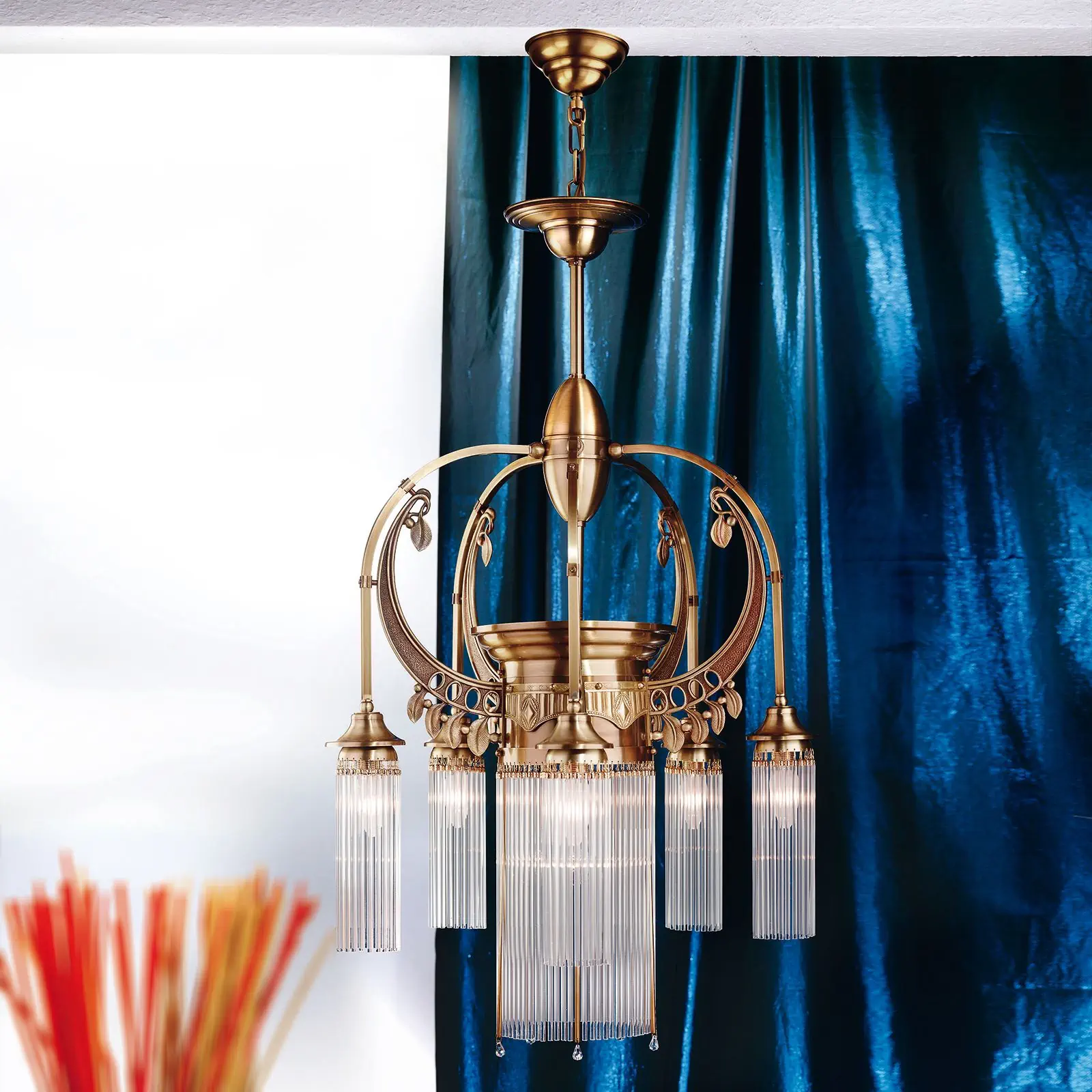 Luster ADELE, 6 izvora svetla, stari mesing, sa staklenim štapićima - 5