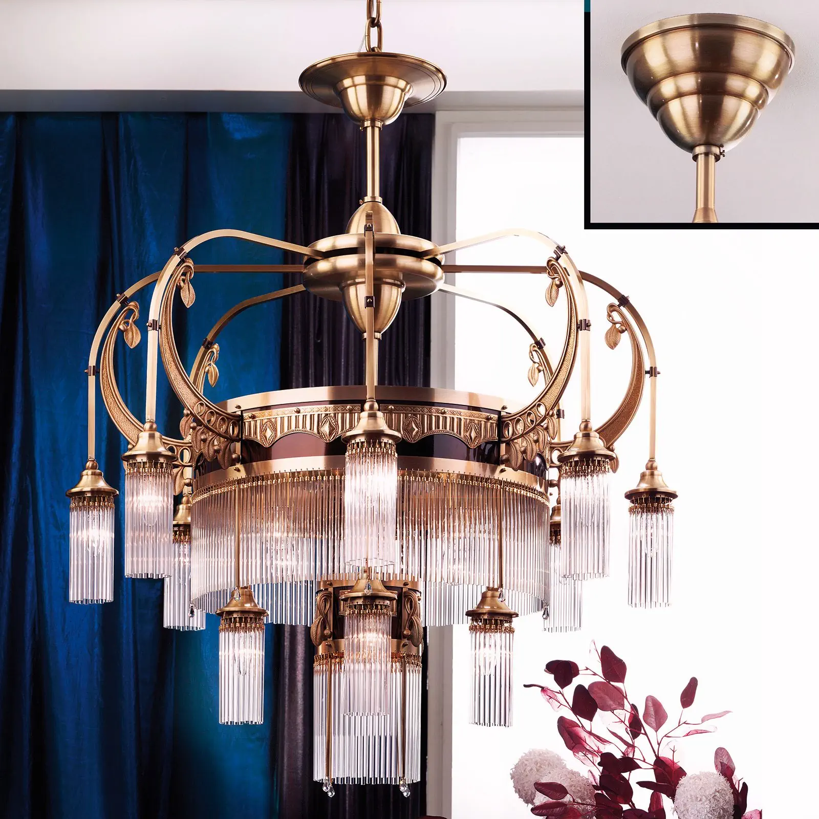 Luster ADELE, 13 izvora svetla, starinski mesing, sa staklenim štapićima - 2