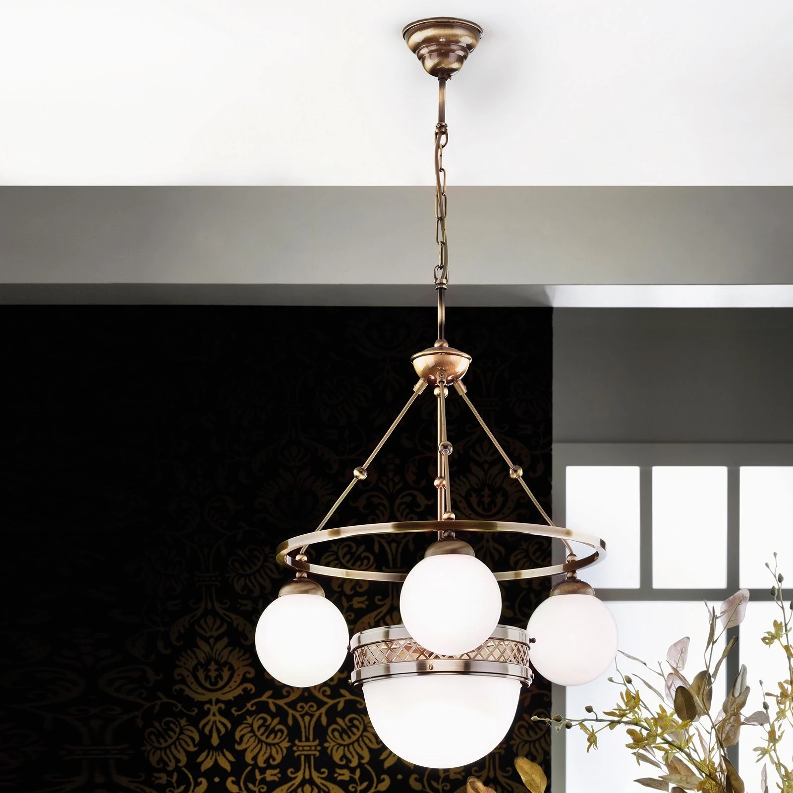 Luster ALT WIEN, 3+1 izvora svetla, sjajno opalno staklo, SCHÖLER CRYSTAL®, antik mesing - 5