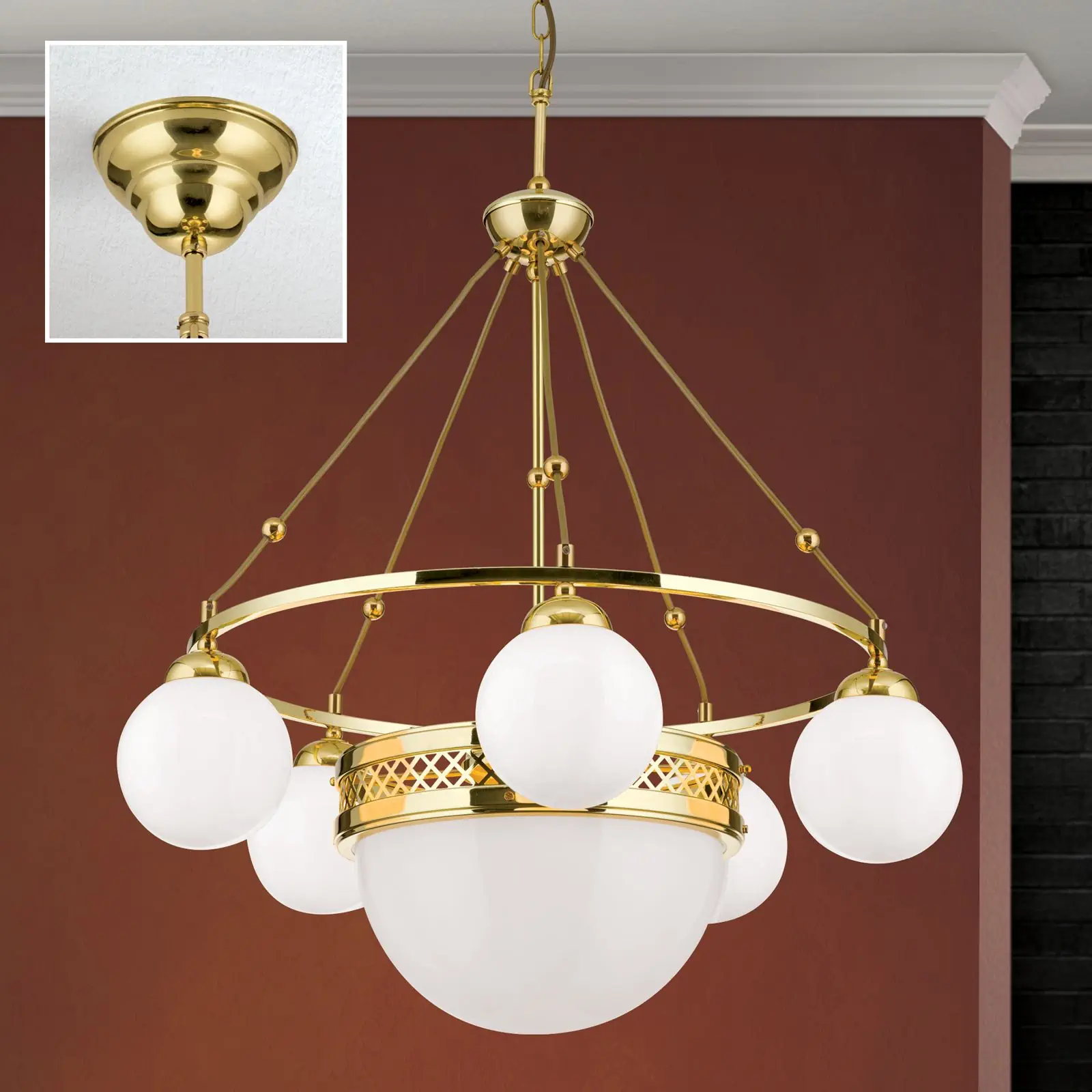 Viseća lampa ALT WIEN, 5+1 svetlo, sjajni mesing, sa opalno sjajnim staklom - 2