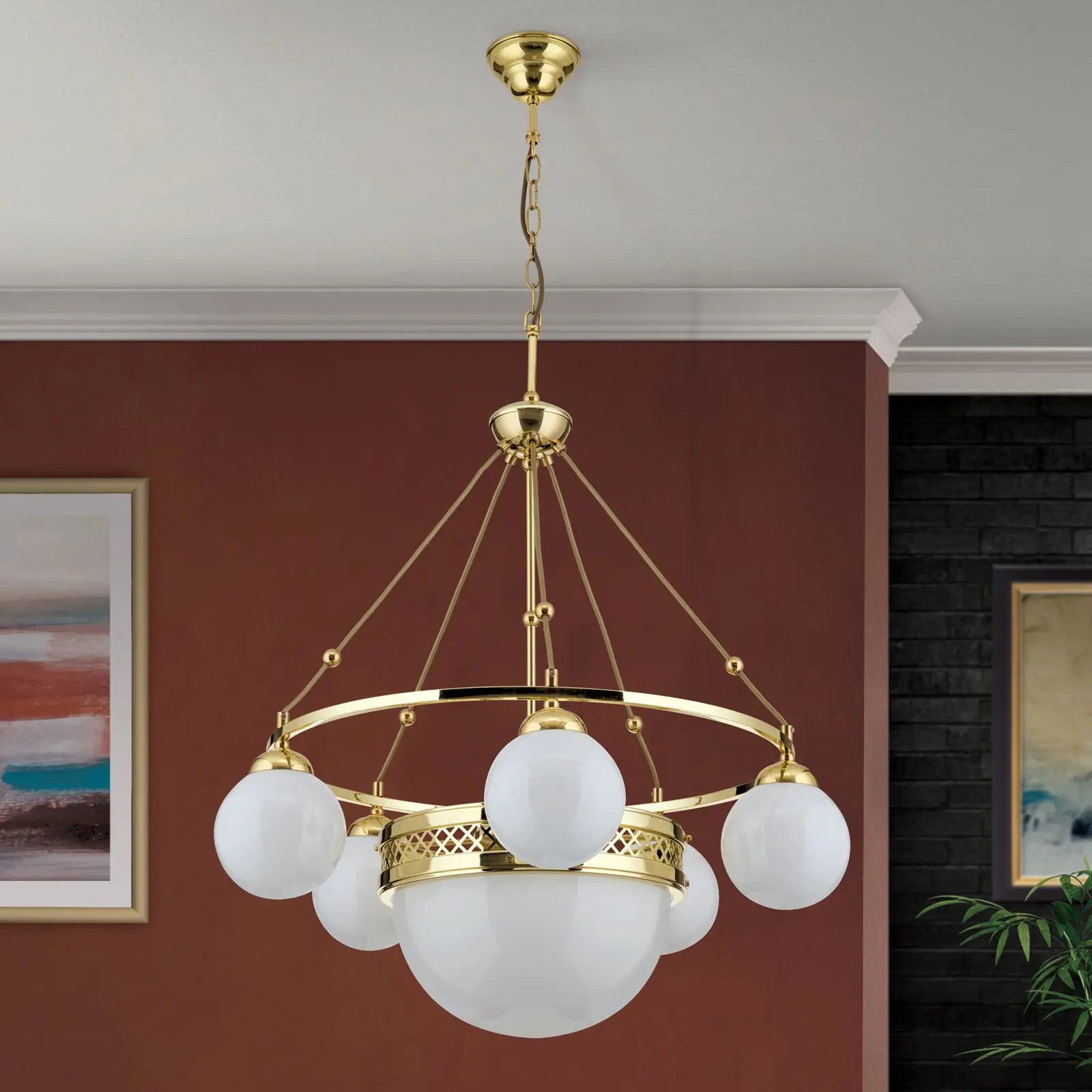 Viseća lampa ALT WIEN, 5+1 svetlo, sjajni mesing, sa opalno sjajnim staklom - 3