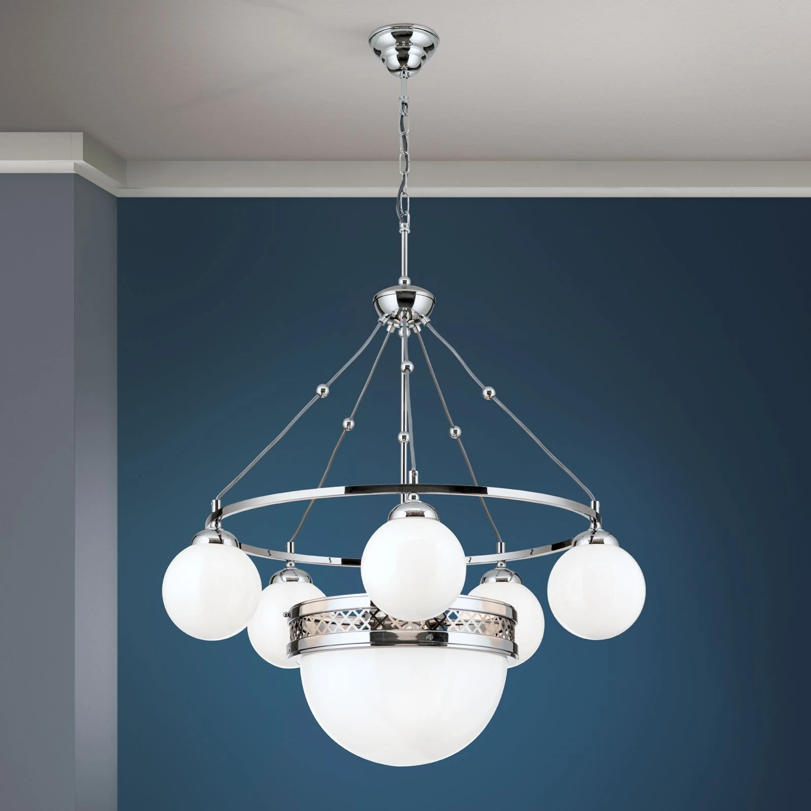 Luster ALT WIEN, 5+1 izvora svetla, sjajno opalno staklo, SCHÖLER CRYSTAL®, sjajni nikl