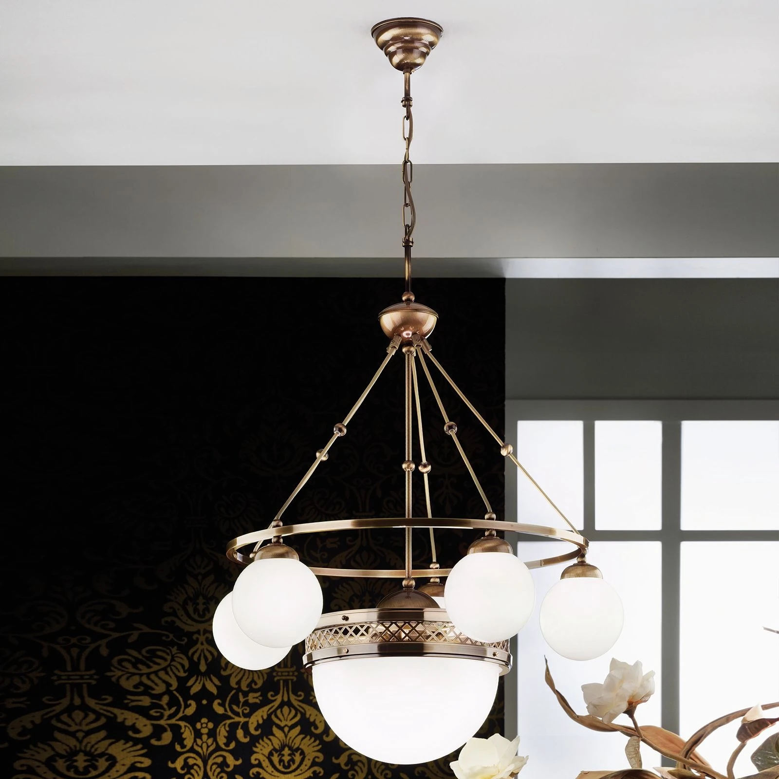 Luster ALT WIEN, 5+1 izvora svetla, sjajno opalno staklo, SCHÖLER CRYSTAL®, antik mesing - 6