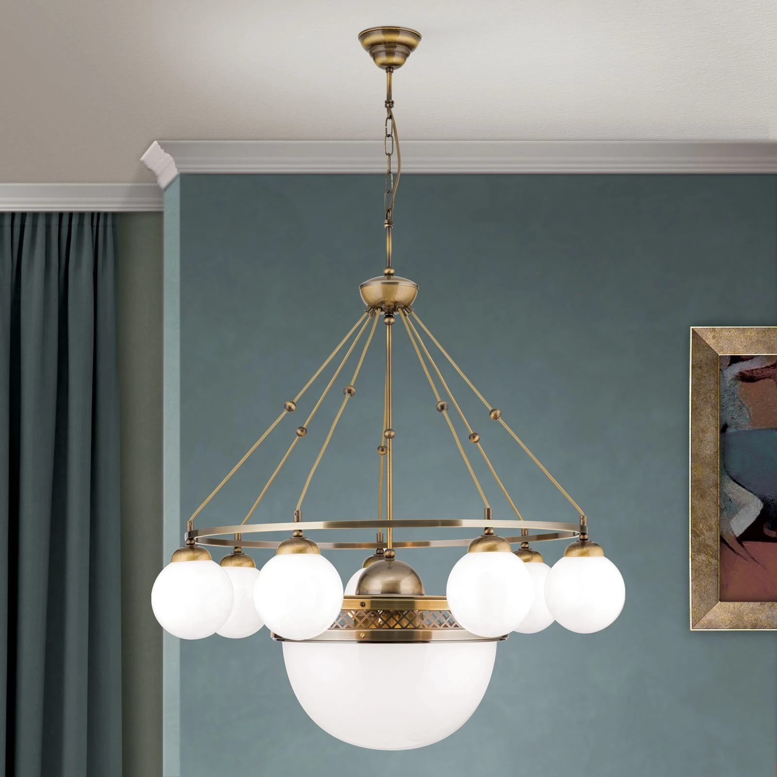 Luster ALT WIEN, 7+1 izvora svetla, sjajno opalno staklo, SCHÖLER CRYSTAL®, antik mesing