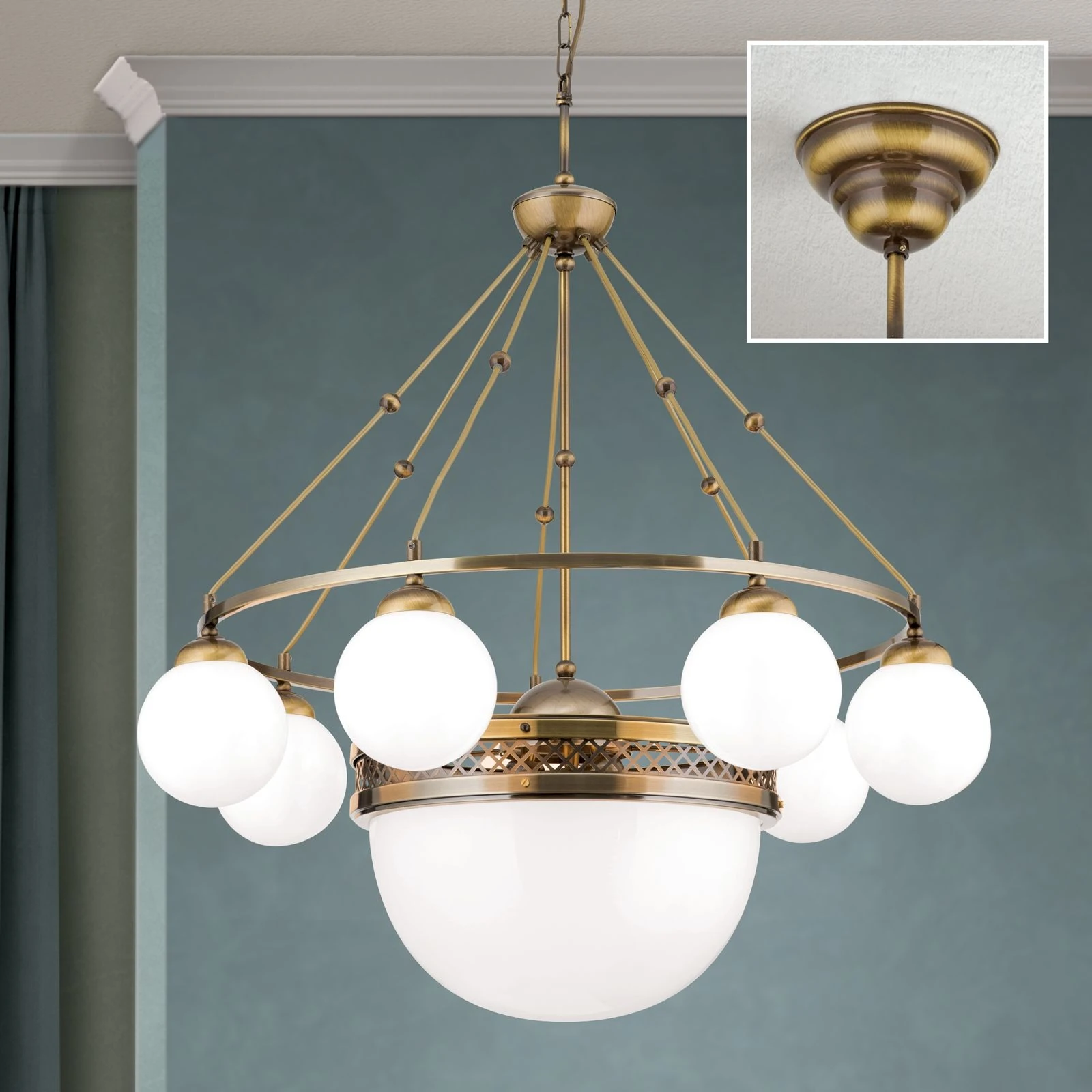 Luster ALT WIEN, 7+1 izvora svetla, sjajno opalno staklo, SCHÖLER CRYSTAL®, antik mesing - 2