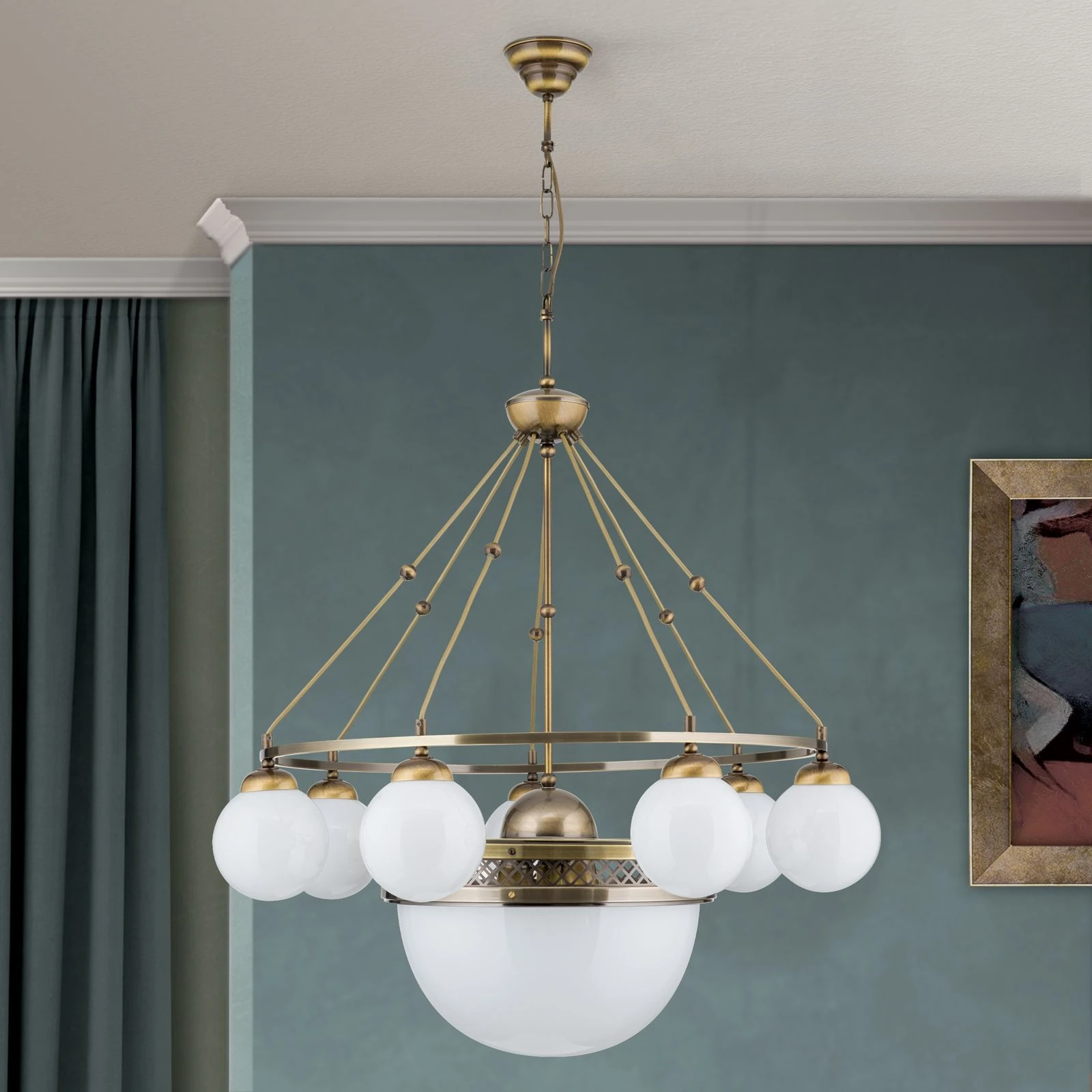 Luster ALT WIEN, 7+1 izvora svetla, sjajno opalno staklo, SCHÖLER CRYSTAL®, antik mesing - 3