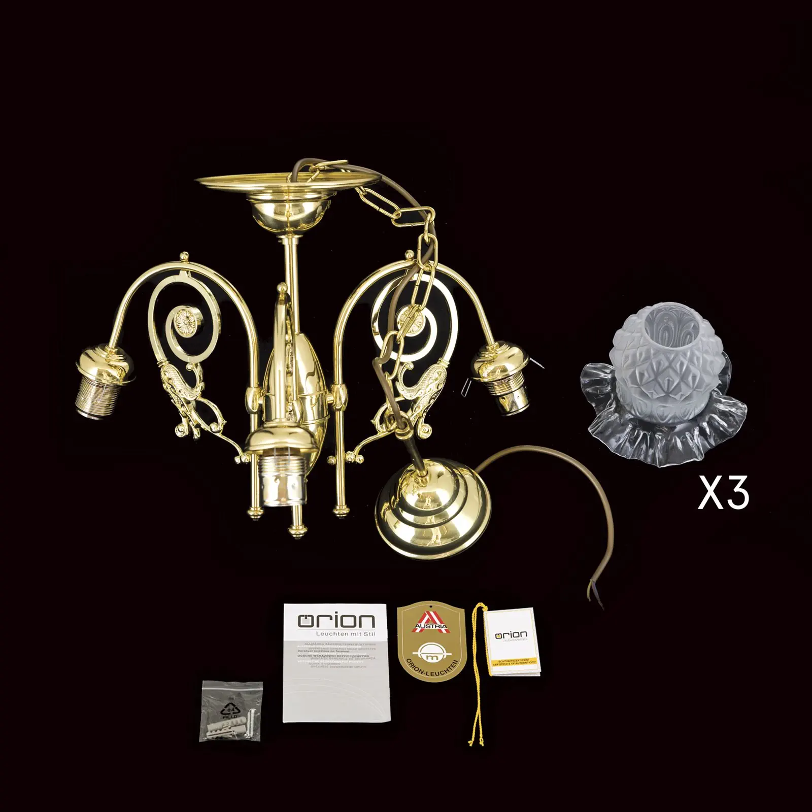 Luster RINGSTRASSE, 3 izvora svetla, sjajni mesing sa dekorativnim staklima - 8