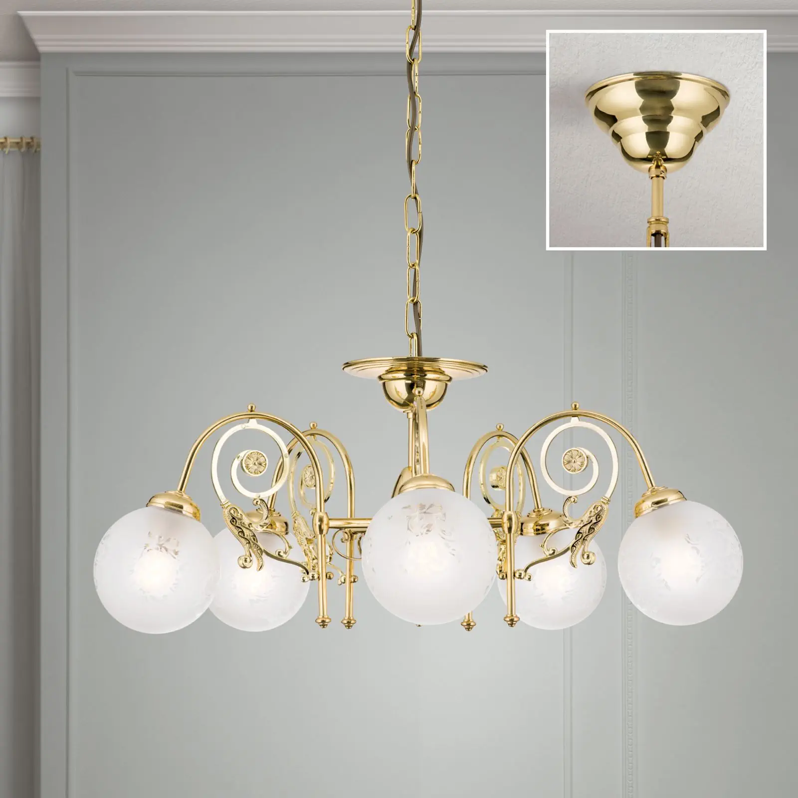 Luster RINGSTRASSE, 5 izvora svetla, sjajni mesing, sa providno-mat staklima - 2