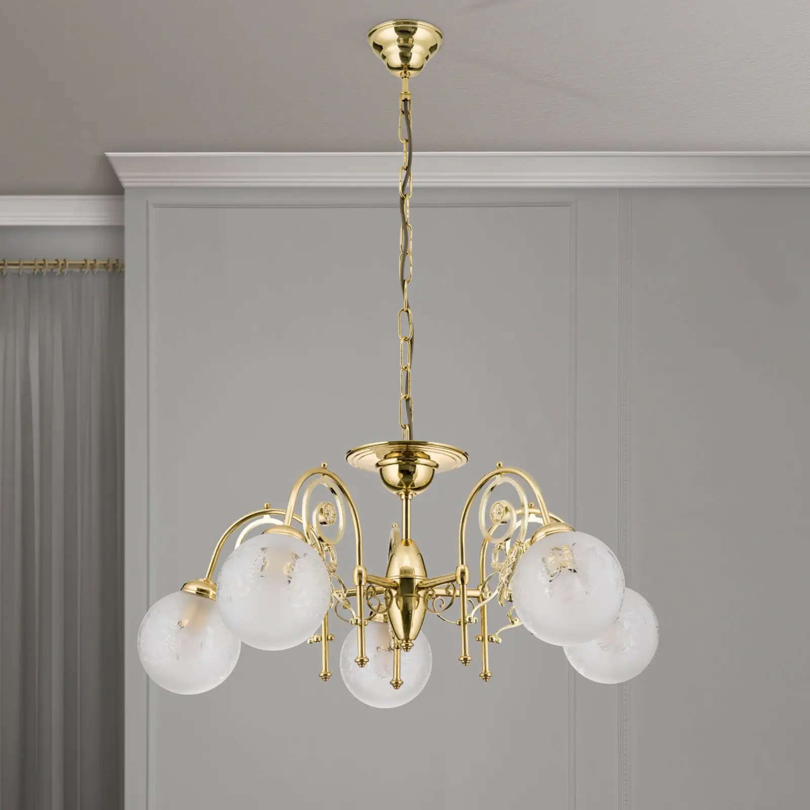 Luster RINGSTRASSE, 5 izvora svetla, sjajni mesing, sa providno-mat staklima - 3