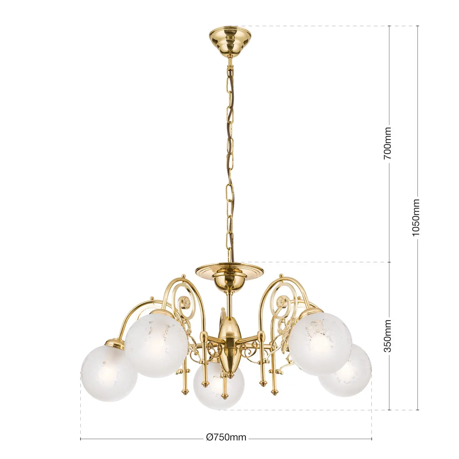 Luster RINGSTRASSE, 5 izvora svetla, sjajni mesing, sa providno-mat staklima - 7