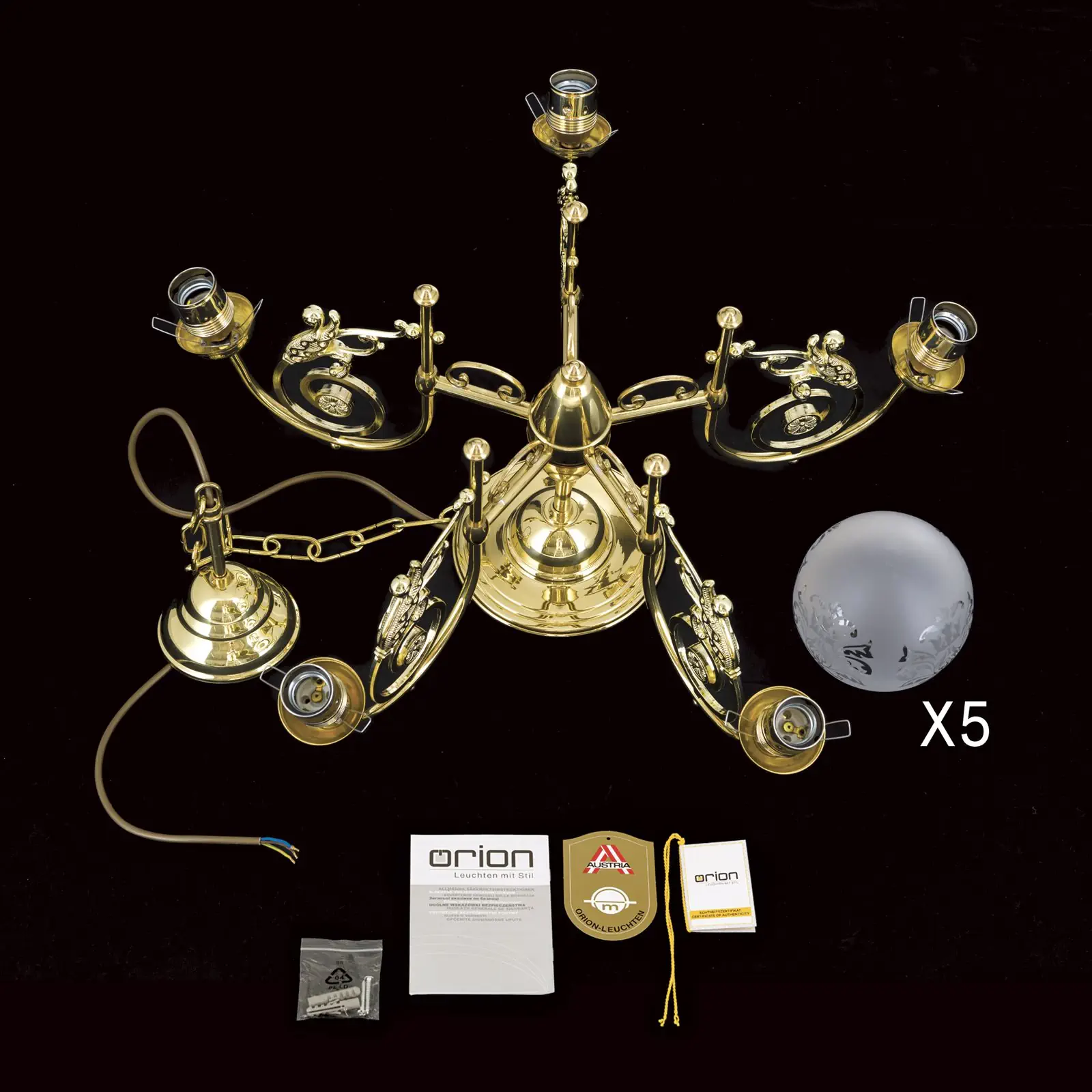 Luster RINGSTRASSE, 5 izvora svetla, sjajni mesing, sa providno-mat staklima - 8