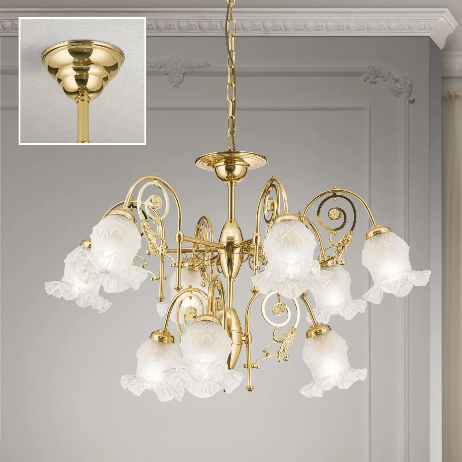 Luster RINGSTRASSE, 9 izvora svetla, sjajni mesing sa dekorativnim staklima - 2