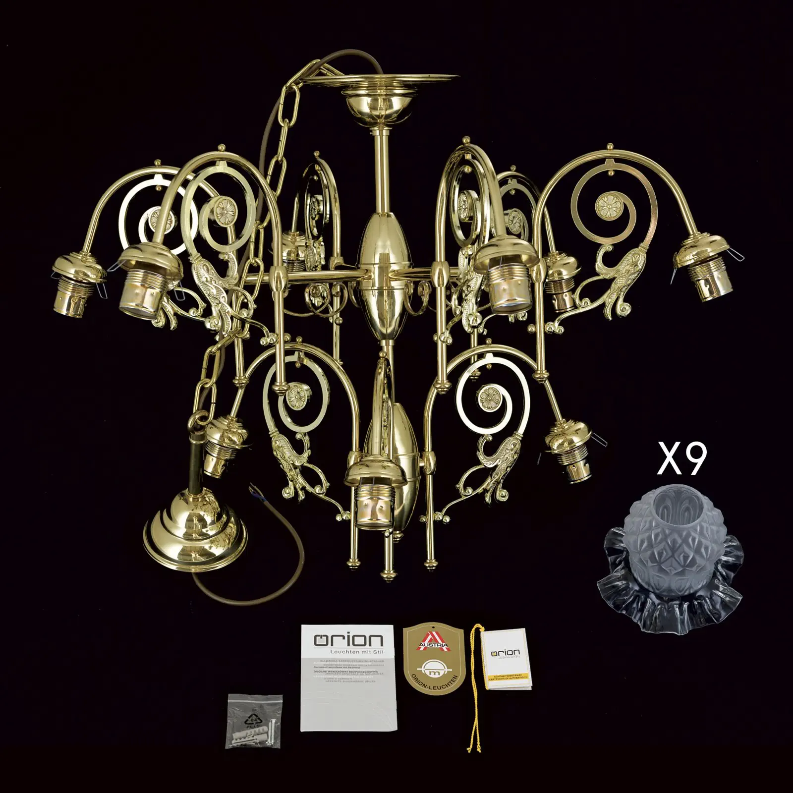 Luster RINGSTRASSE, 9 izvora svetla, sjajni mesing sa dekorativnim staklima - 8