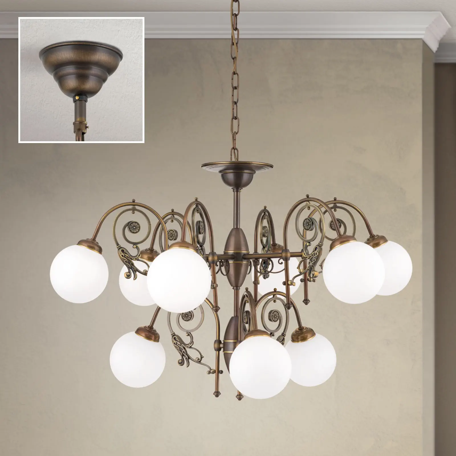 Luster RINGSTRASSE, 9 izvora svetla, antik mesing sa opalnim staklima - 2