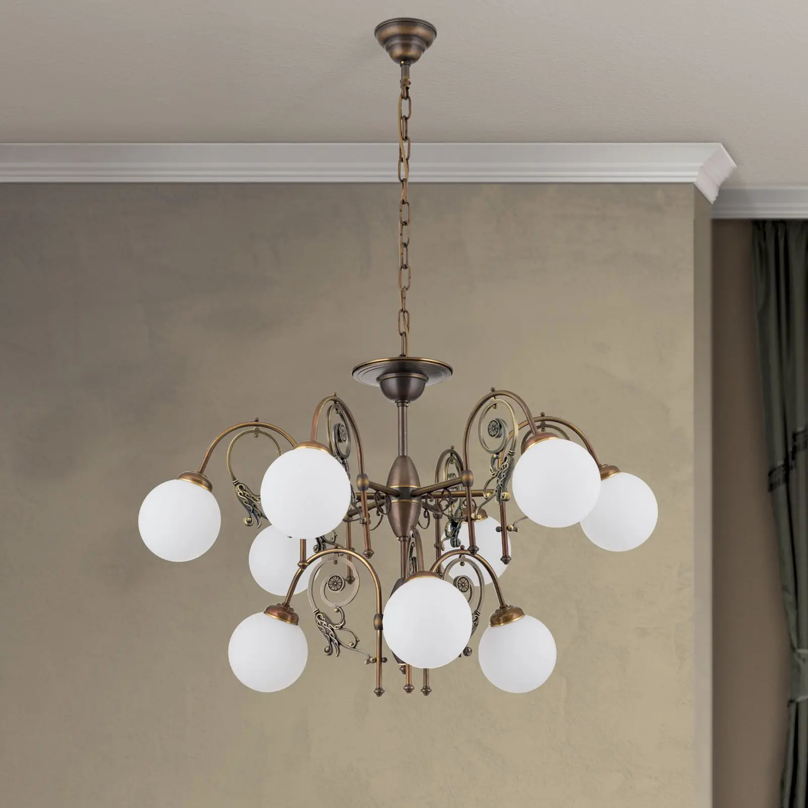 Luster RINGSTRASSE, 9 izvora svetla, antik mesing sa opalnim staklima - 3