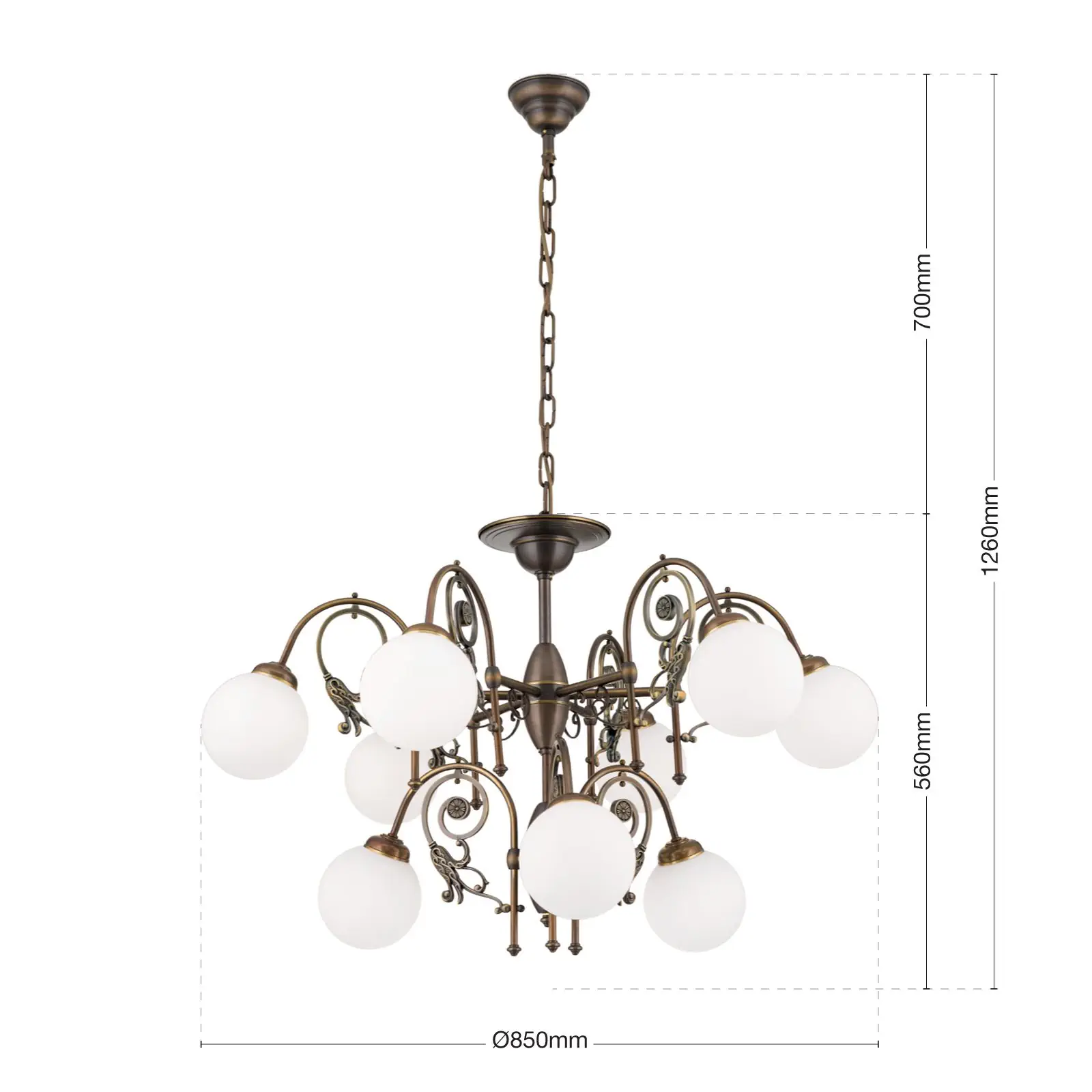 Luster RINGSTRASSE, 9 izvora svetla, antik mesing sa opalnim staklima - 7