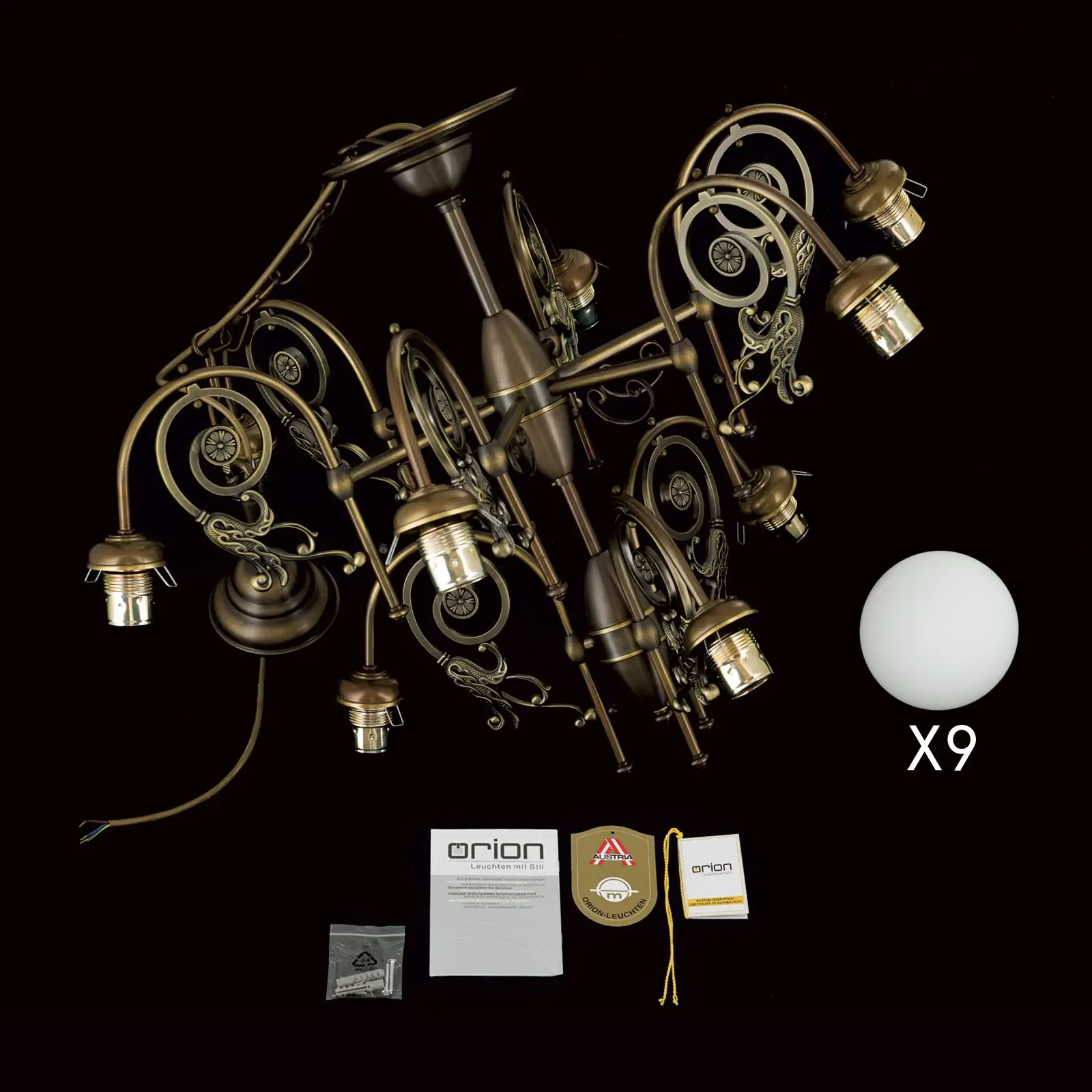 Luster RINGSTRASSE, 9 izvora svetla, antik mesing sa opalnim staklima - 8