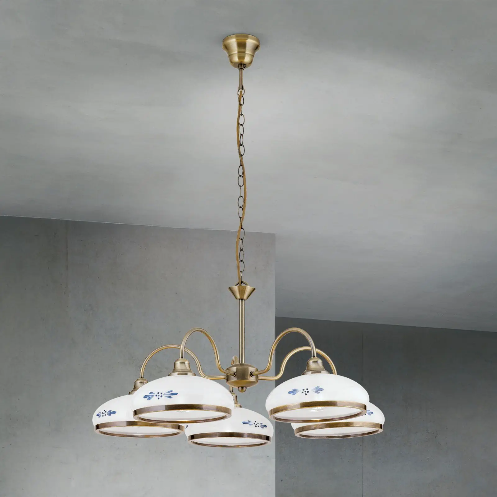 Luster GABI, 5 izvora svetla, patina, sa opalno plavim staklom