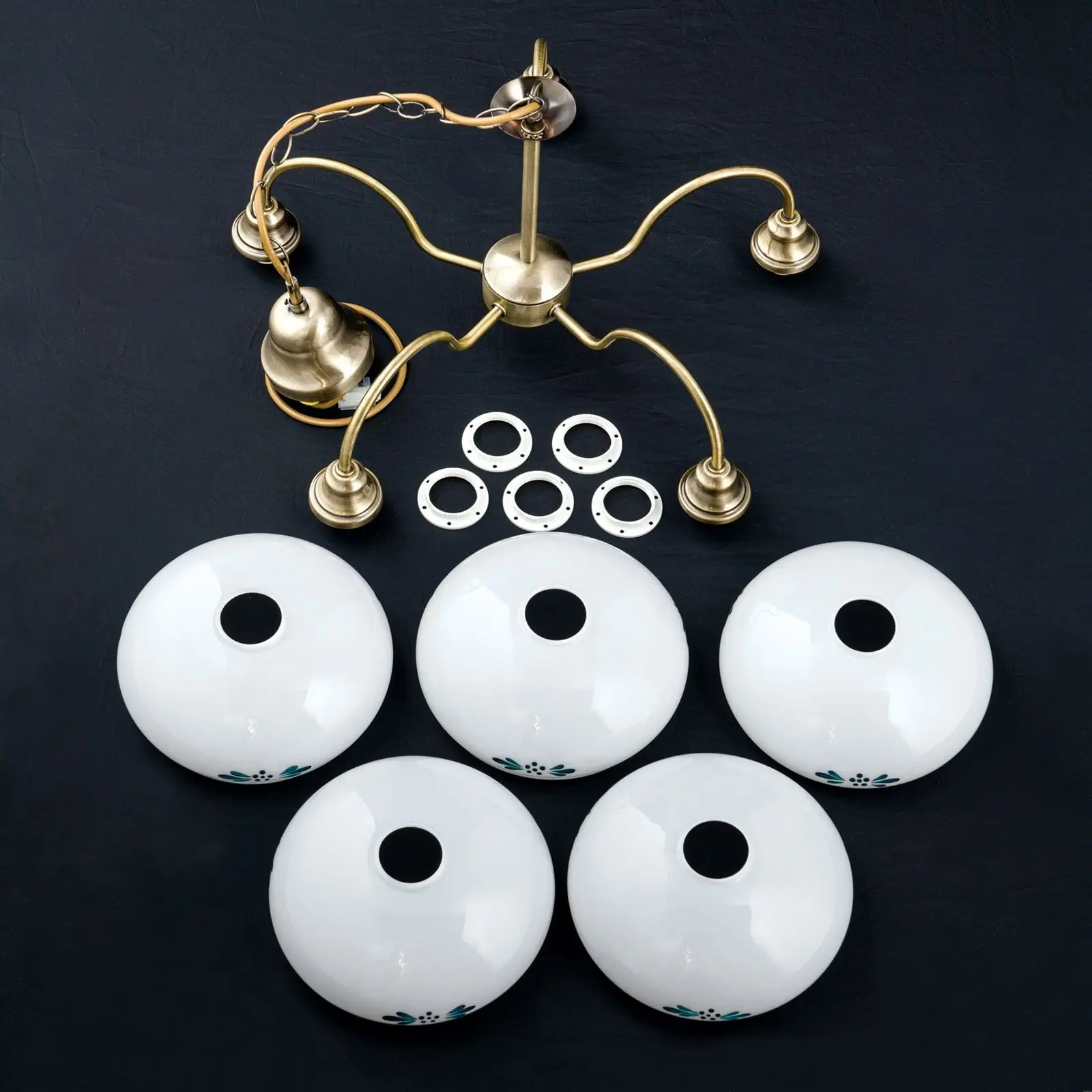 Luster GABI, 5 izvora svetla, patina, sa opalno plavim staklom - 5