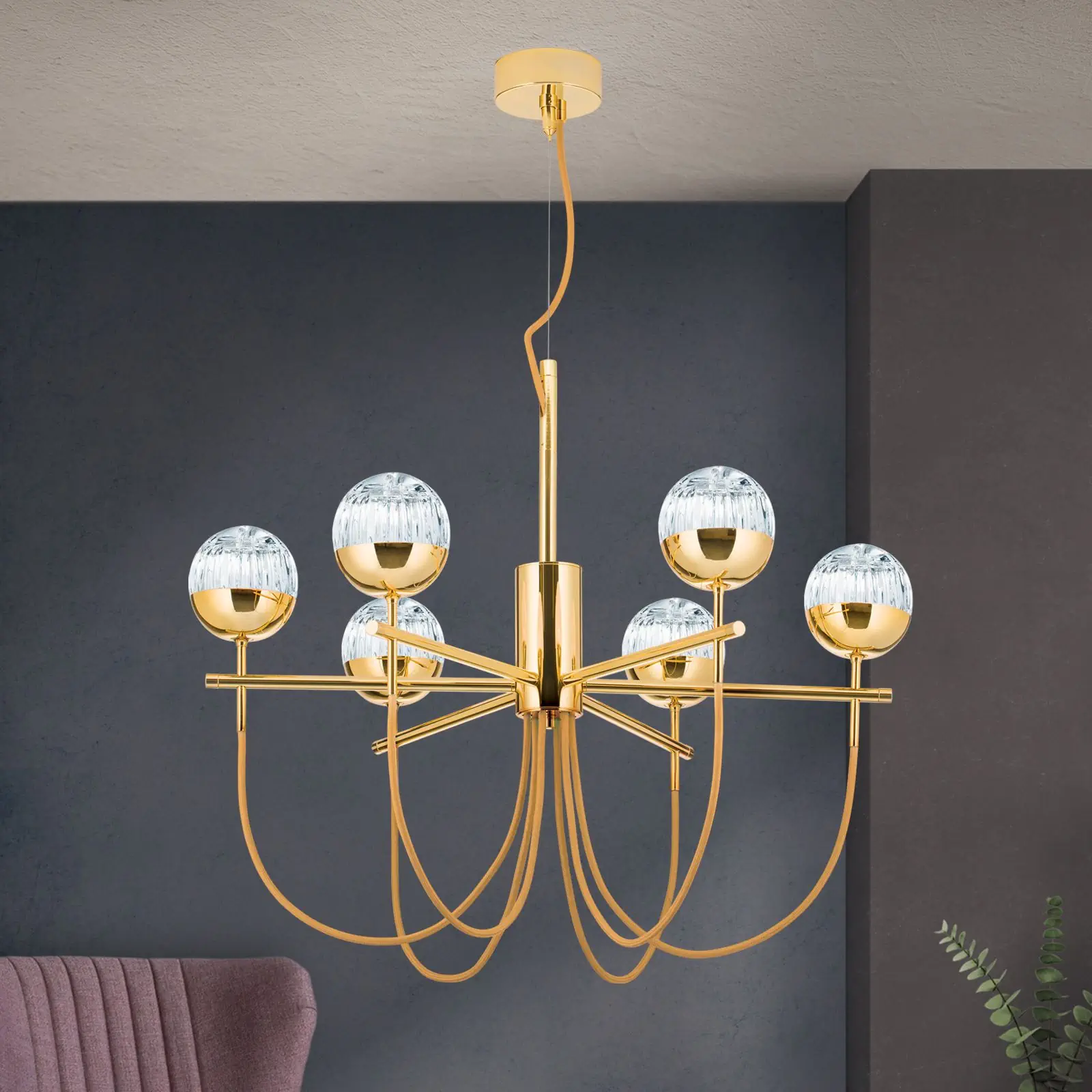 Luster BALL, 6 izvora svetla, zlato, sa zlatnim tekstilnim kablom i prozirnim kristalnim staklom sa linijskim rezom - 2