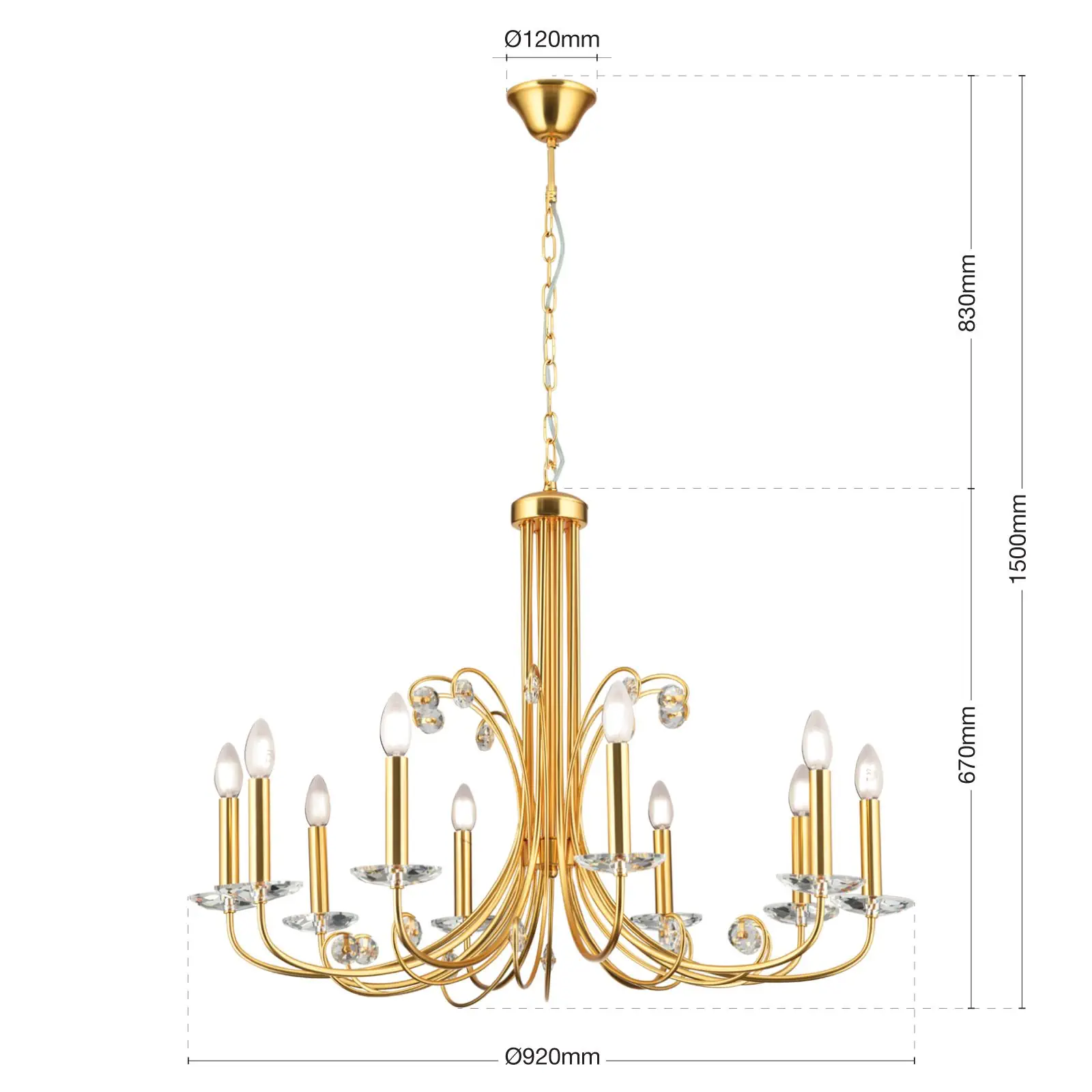 Kristalni luster ARIANE, 10 izvora svetla, mat zlato - 10