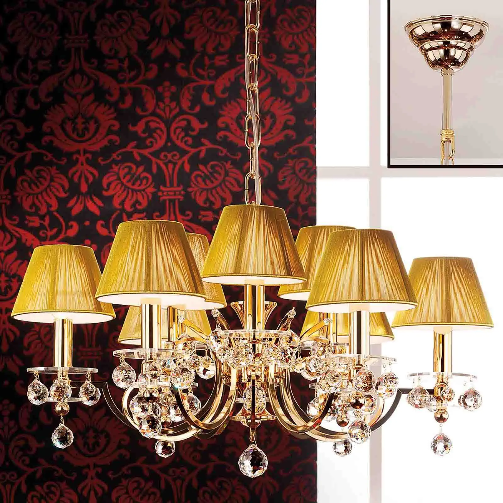 Luster KRISTALLDESIGN, 9 izvora svetla, zlatni sa šampanj abažurima - 1