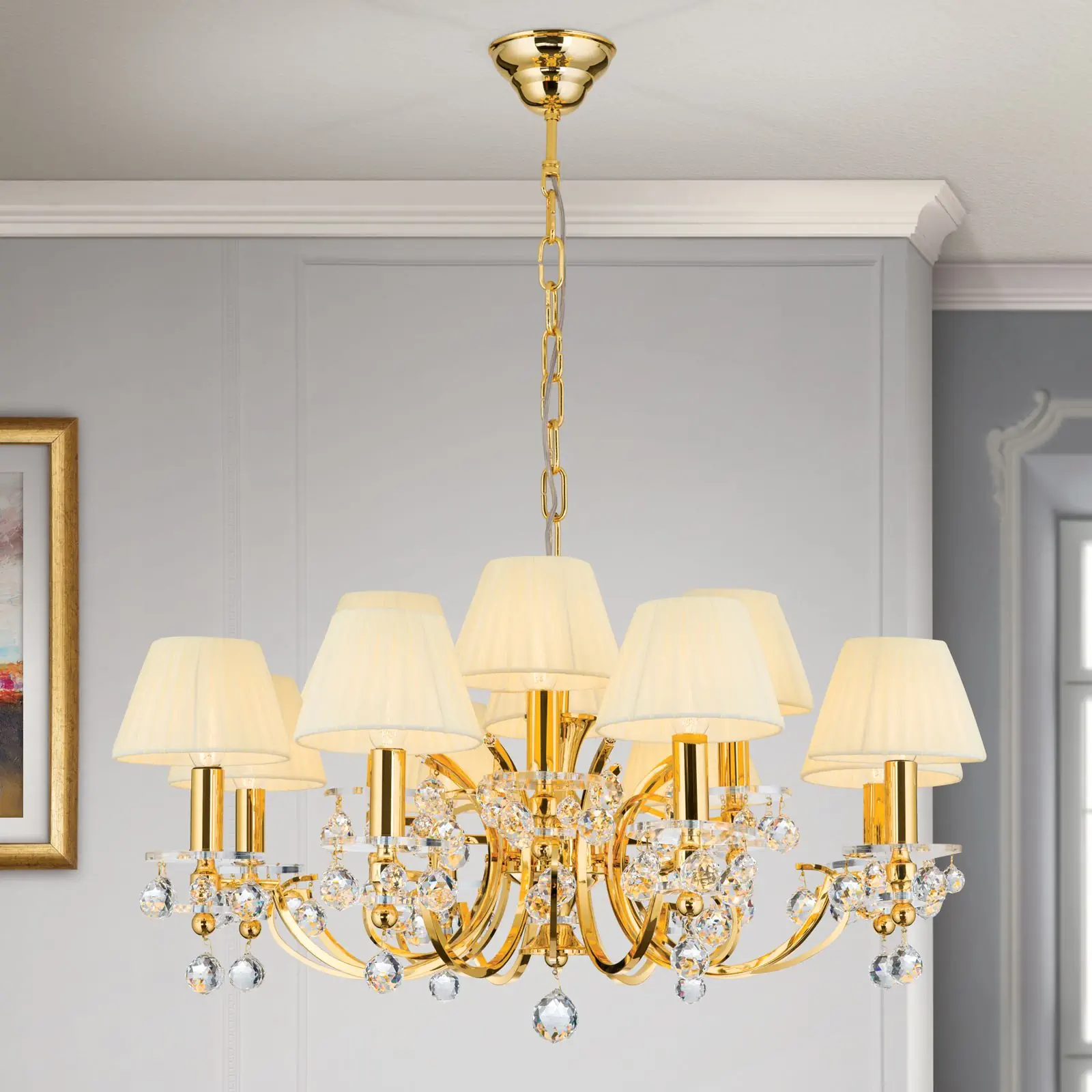 Luster KRISTALLDESIGN, 12 izvora svetla, zlatni sa šampanj abažurom - 1