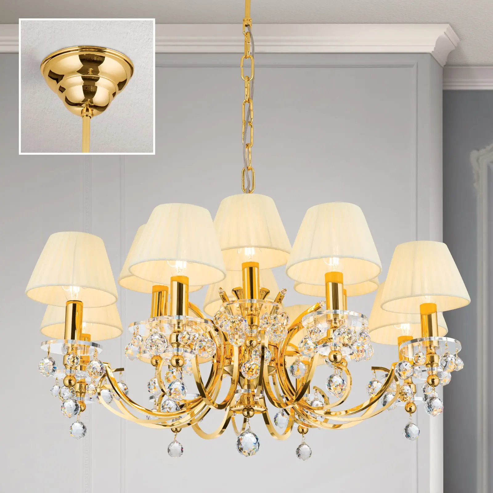 Luster KRISTALLDESIGN, 12 izvora svetla, zlatni sa šampanj abažurom - 2