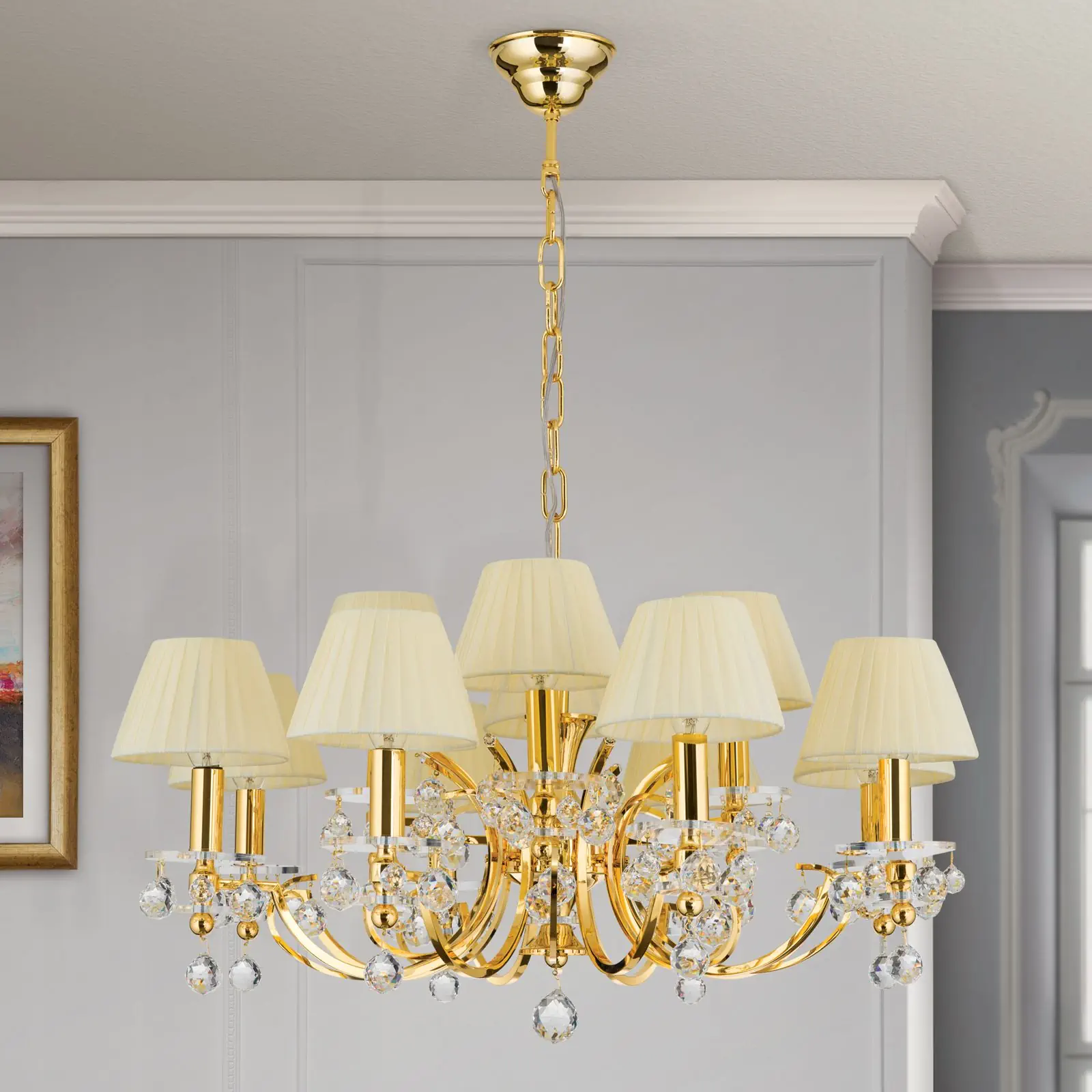 Luster KRISTALLDESIGN, 12 izvora svetla, zlatni sa šampanj abažurom - 3