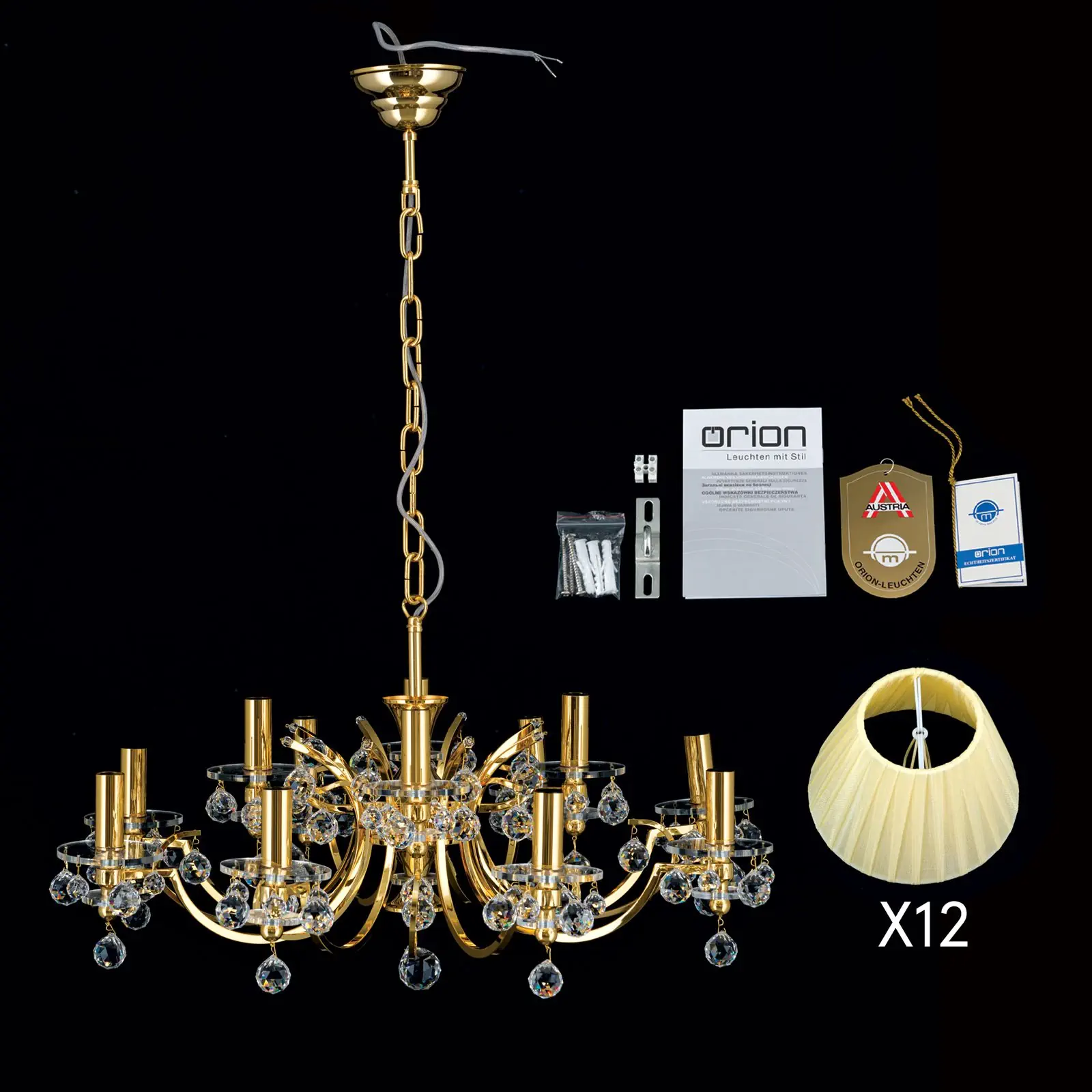 Luster KRISTALLDESIGN, 12 izvora svetla, zlatni sa šampanj abažurom - 8