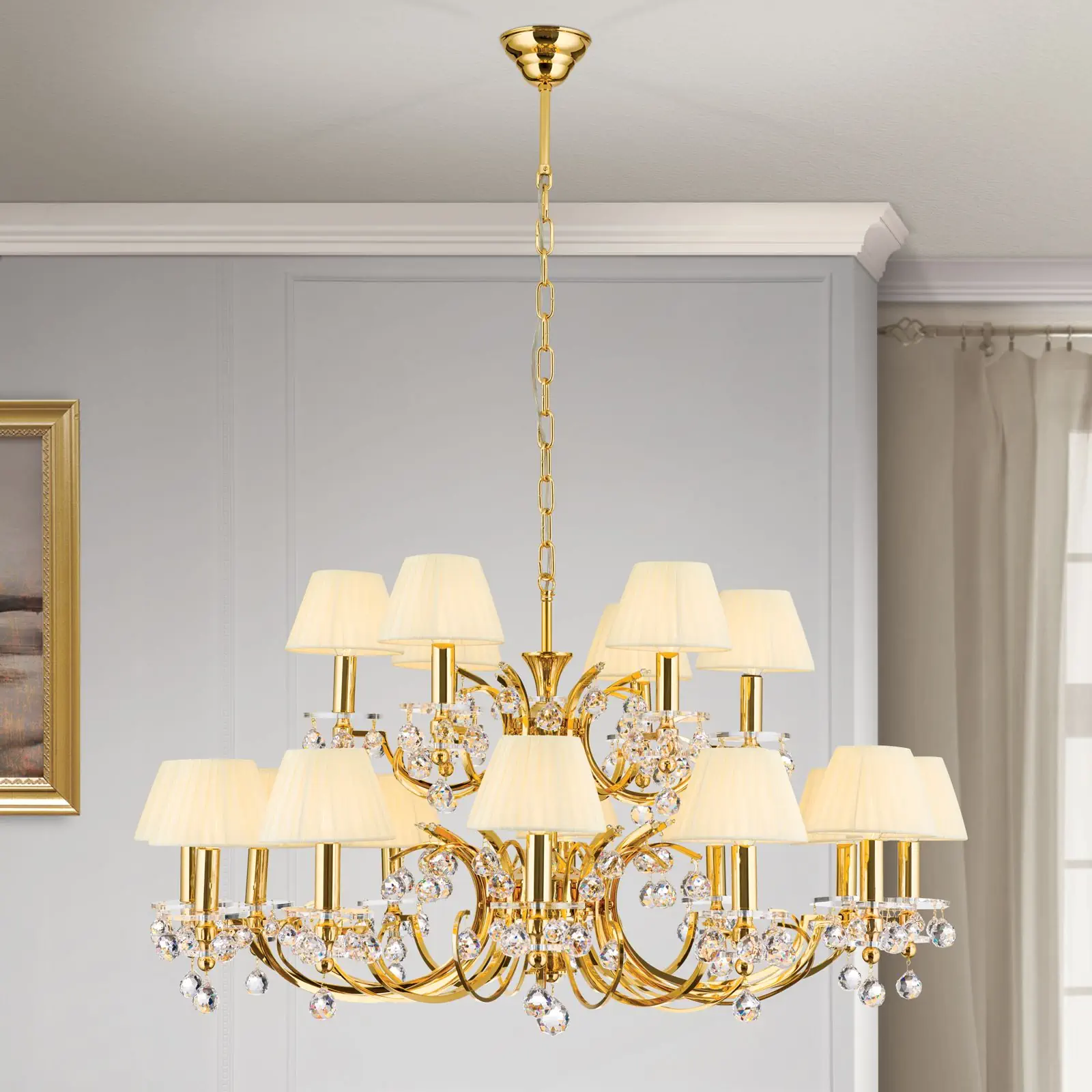 Luster KRISTALLDESIGN, 18 izvora svetla, zlatni sa šampanj abažurima - 1