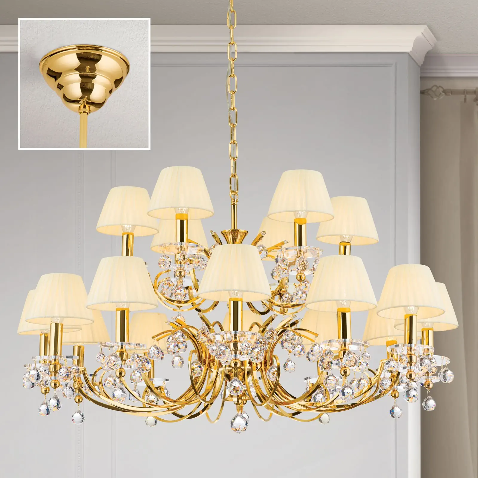 Luster KRISTALLDESIGN, 18 izvora svetla, zlatni sa šampanj abažurima - 2
