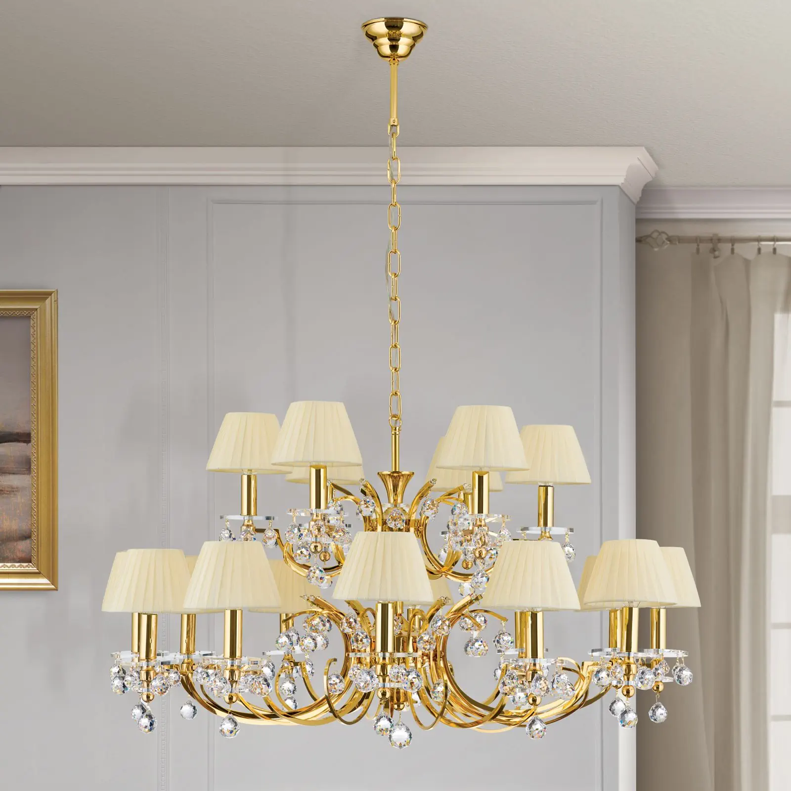 Luster KRISTALLDESIGN, 18 izvora svetla, zlatni sa šampanj abažurima - 3