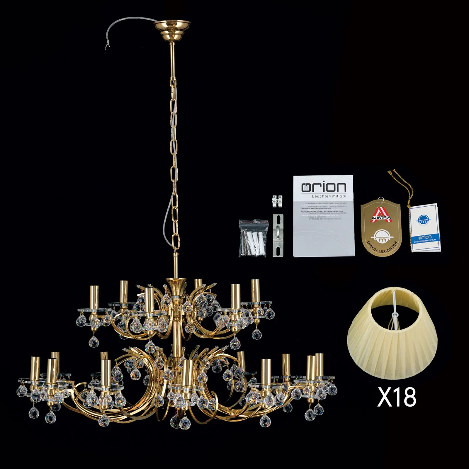 Luster KRISTALLDESIGN, 18 izvora svetla, zlatni sa šampanj abažurima - 8