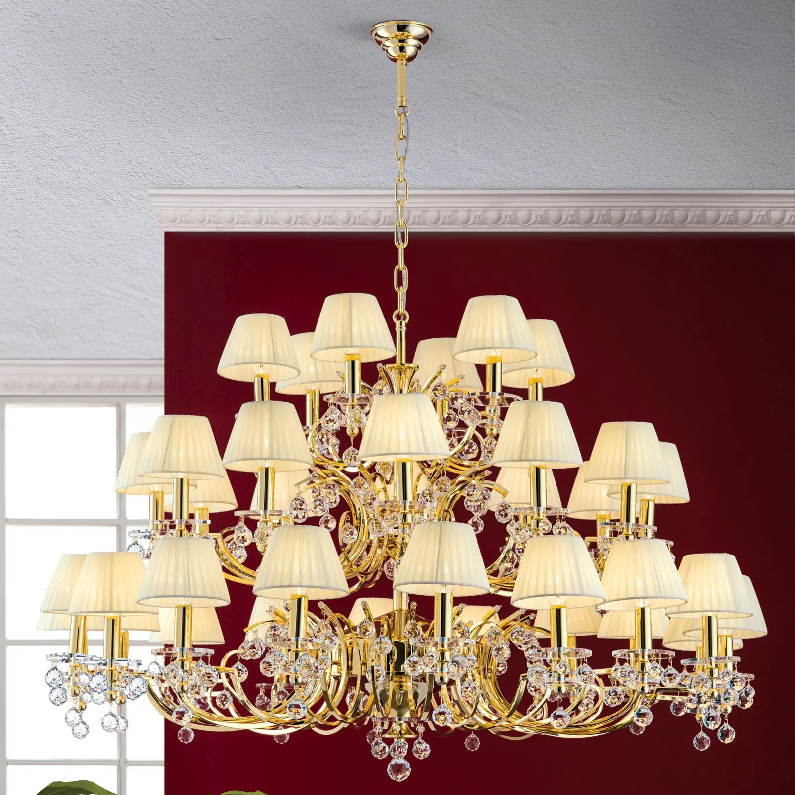 Luster KRISTALLDESIGN, 36 izvora svetla, zlatni sa šampanj tekstilnim abažurima - 1