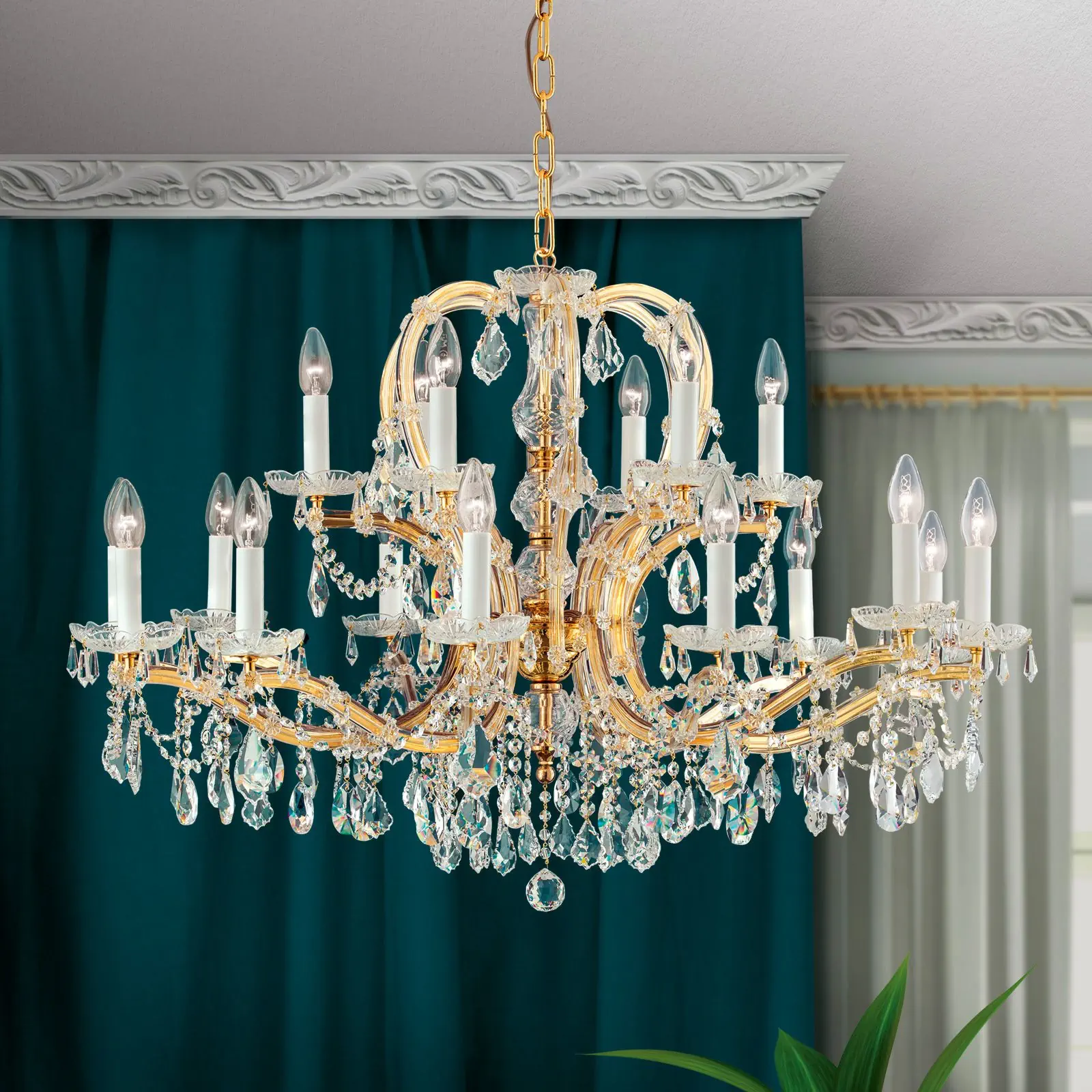 Luster MARIA THERESIA, 18 izvora svetla, zlatni, sa krunom - 1