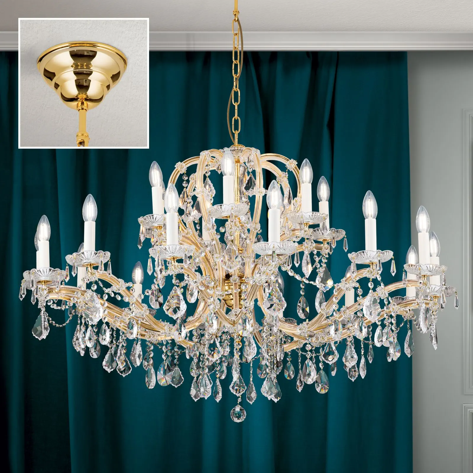 Viseća lampa MARIA THERESIA, 21 izvor svetla, zlatna, sa krunom - 2